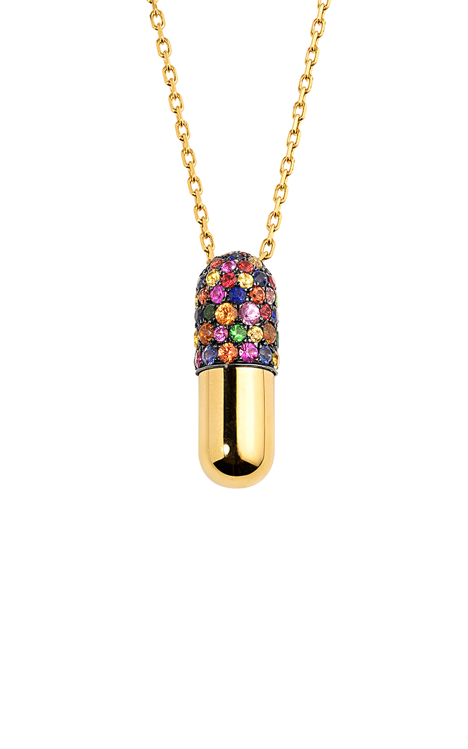 18k Yellow Gold Large Diamond Pill Pendant with Multicolor Sapphires