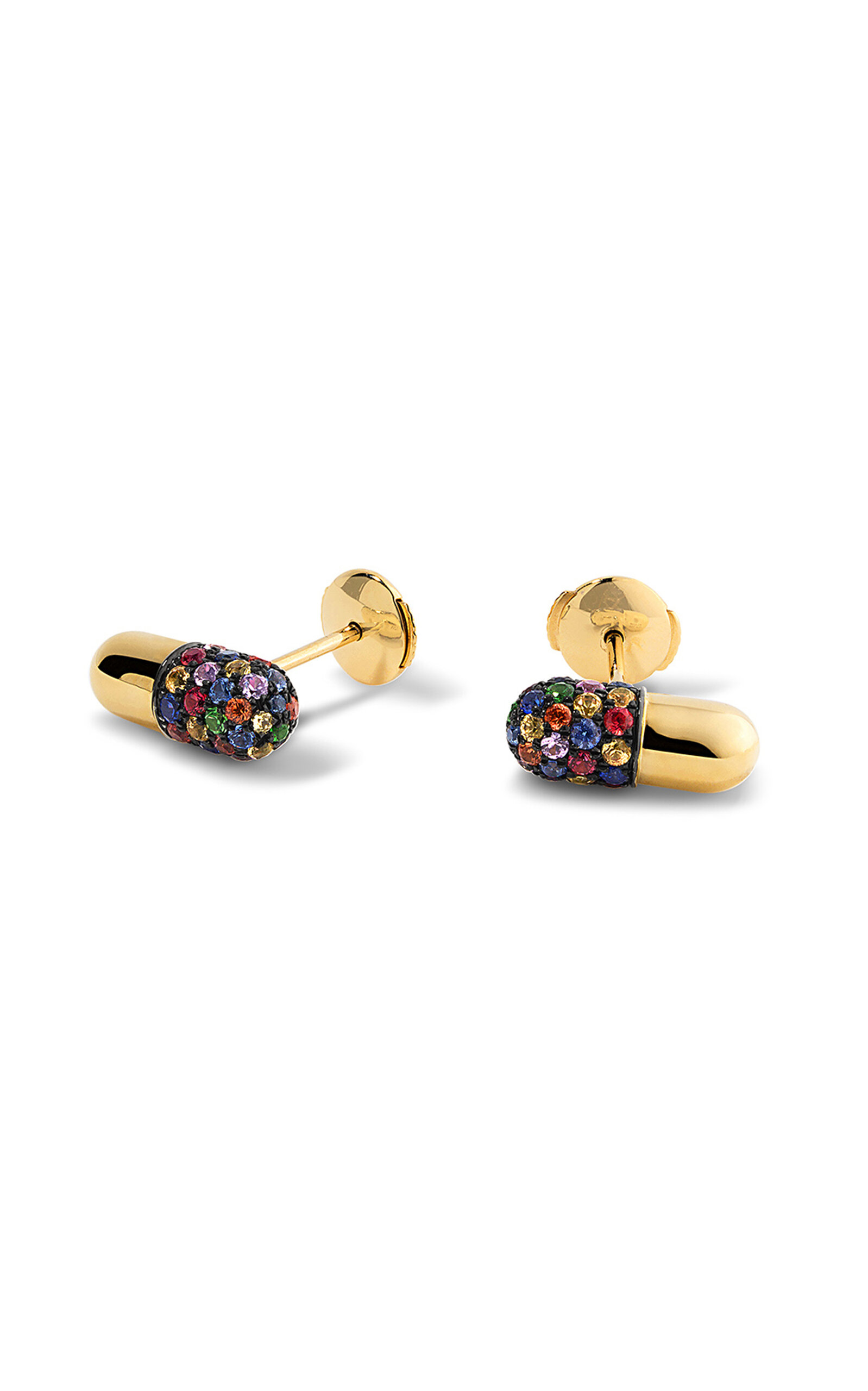 18k Yellow Gold Pill Stud Earrings with Multicolor Sapphires