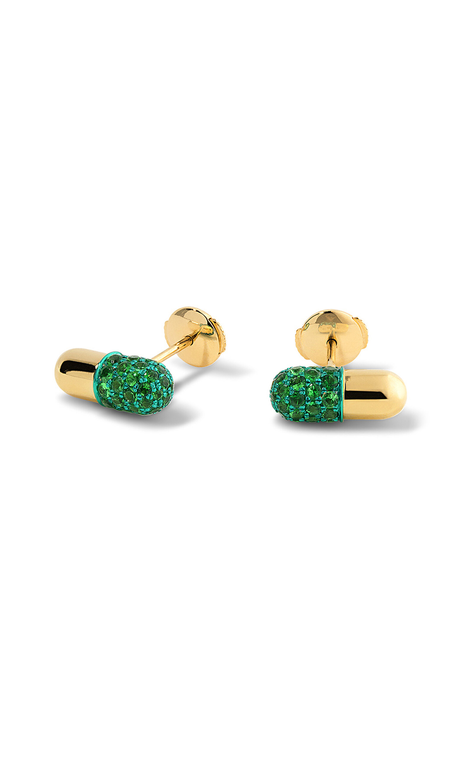 18k Yellow Gold Pill Stud Earrings with Green Tsavorite Garnets