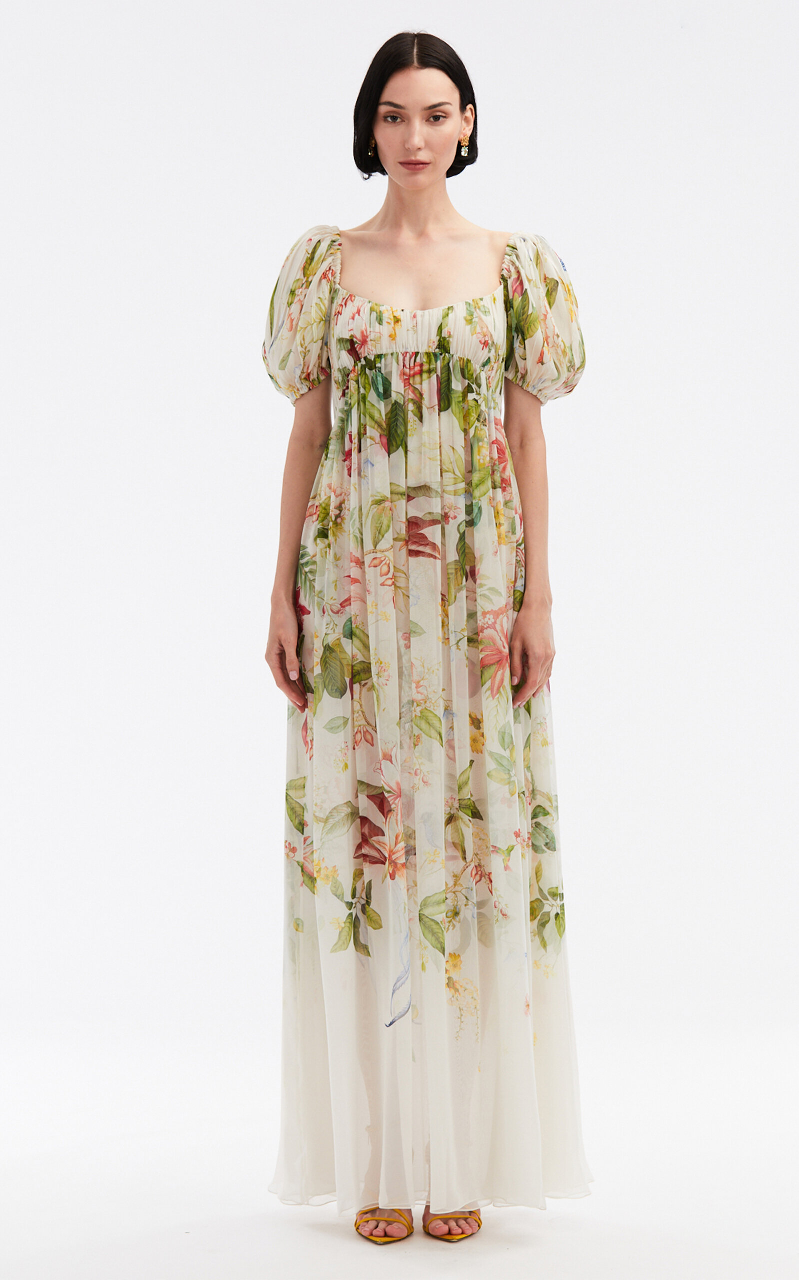 Oscar De La Renta Puff Sleeve Scoop Neck Floral & Fauna Chiffon Gown In Ivory