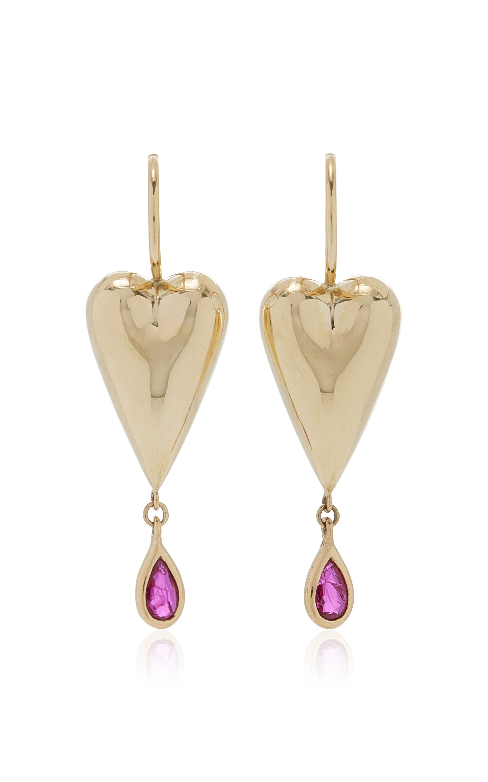 14K Yellow Gold Ruby Heart Drop Earrings