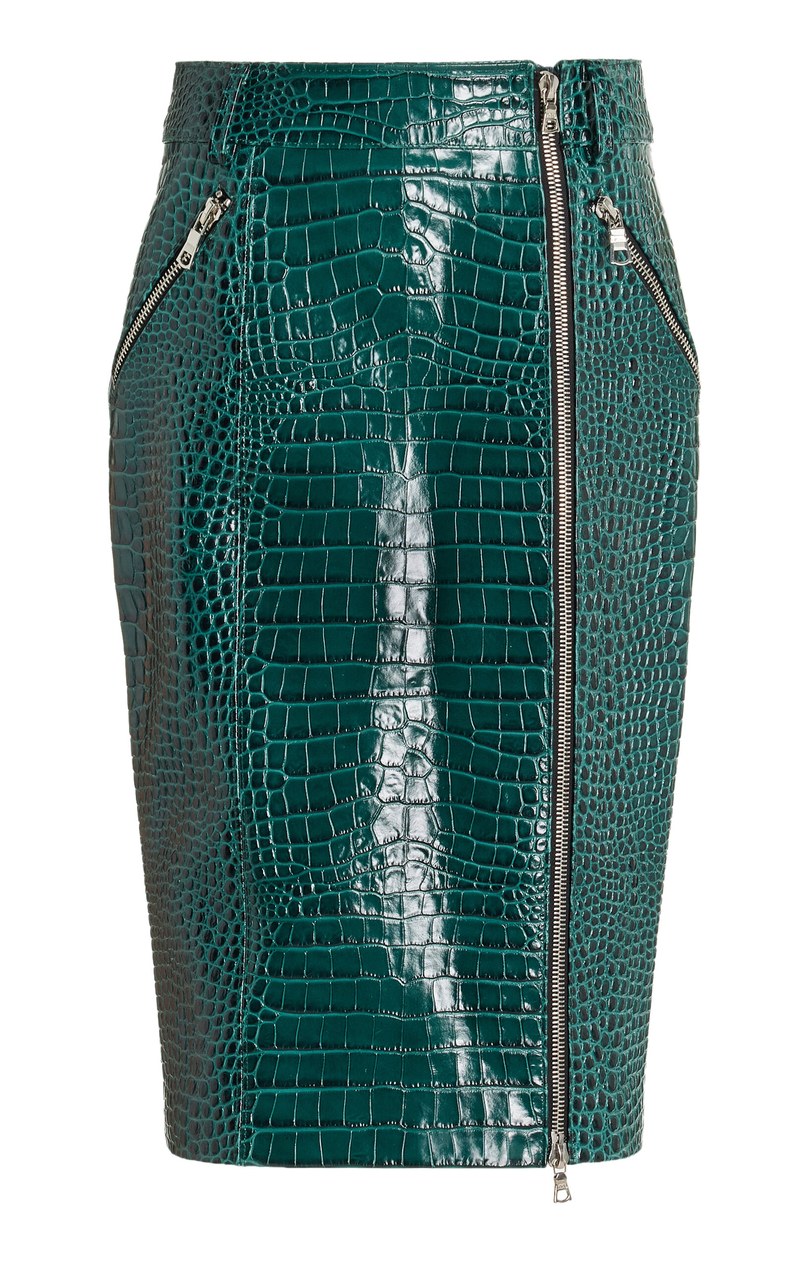 Shop Laquan Smith Croc-embossed Leather Midi Skirt In Green
