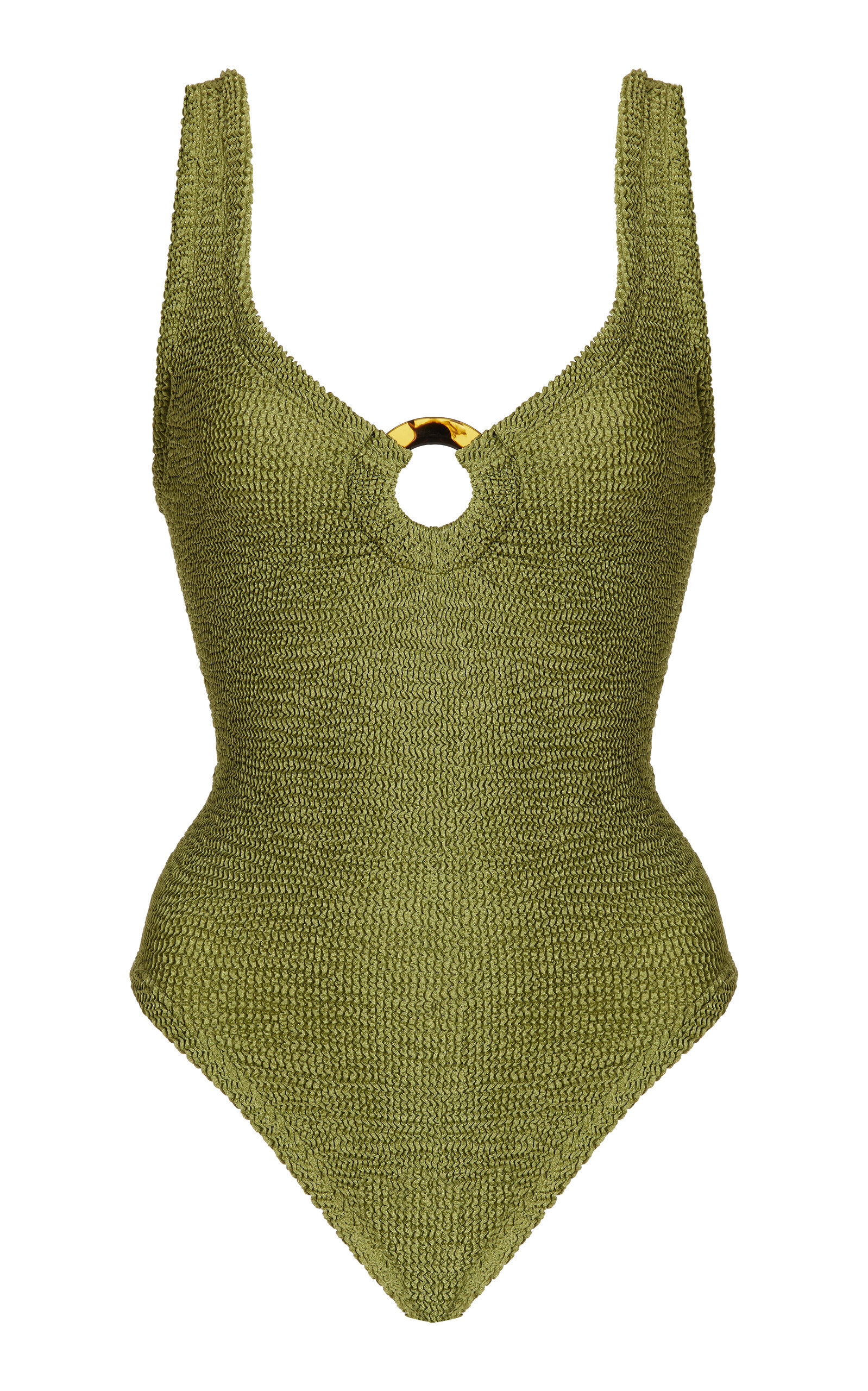 Shop Hunza G Celine Ring-detailed Seersucker One-piece Swimsuit In Green