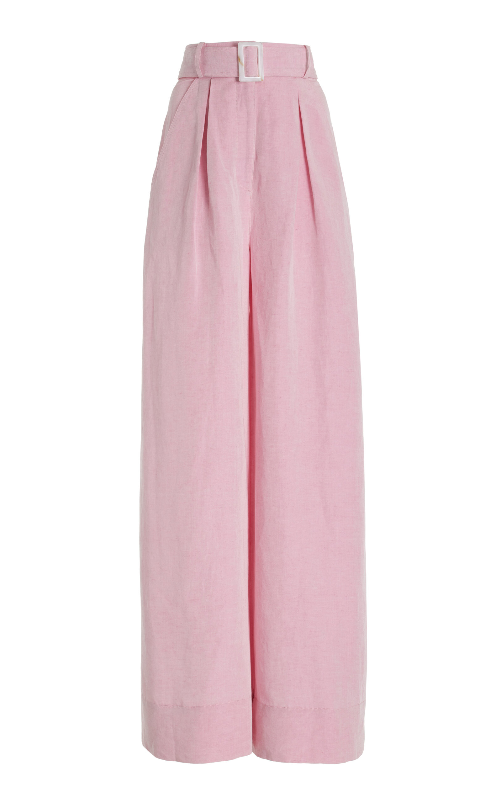 Matthew Bruch Belted High-waisted Linen-blend Wide-leg Trousers In Pink