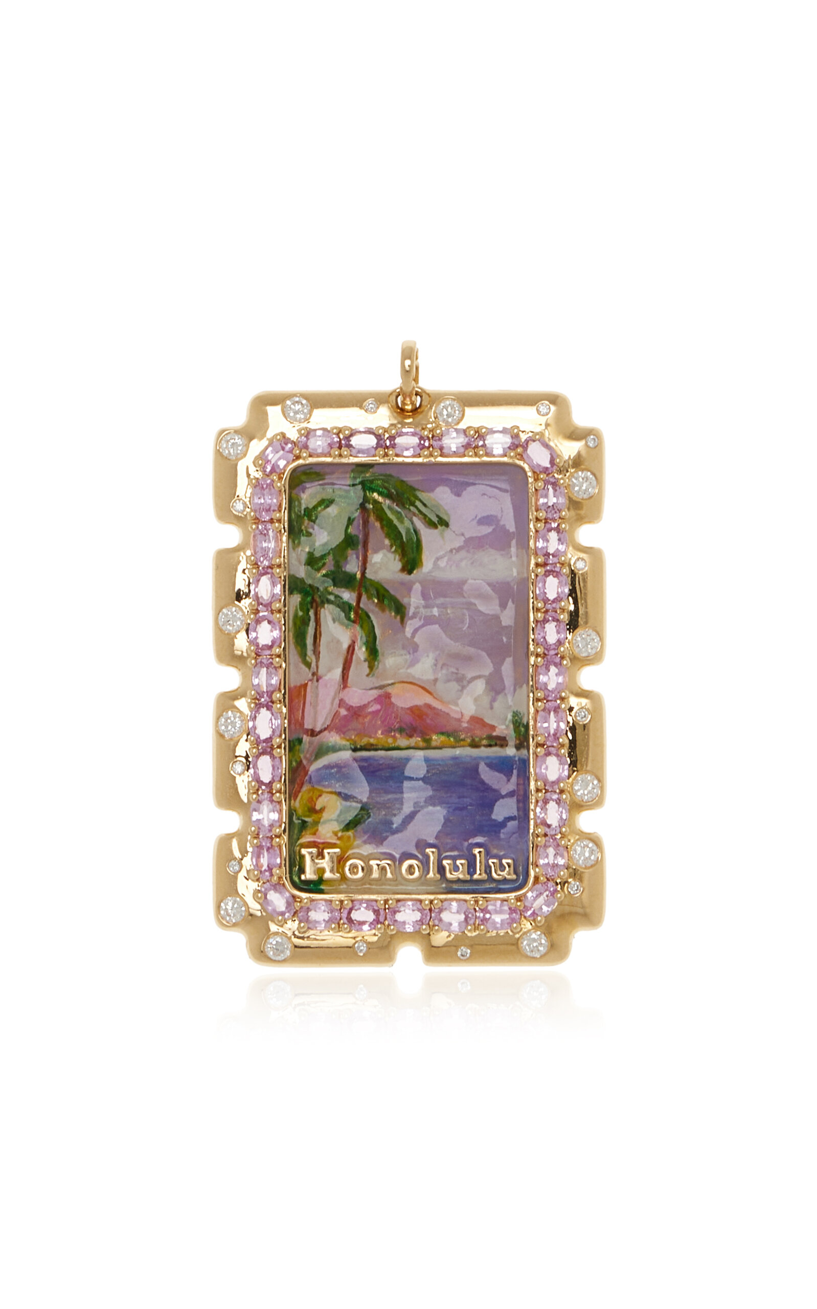 Honolulu 18K Yellow Gold Enameled Postcard Pendant