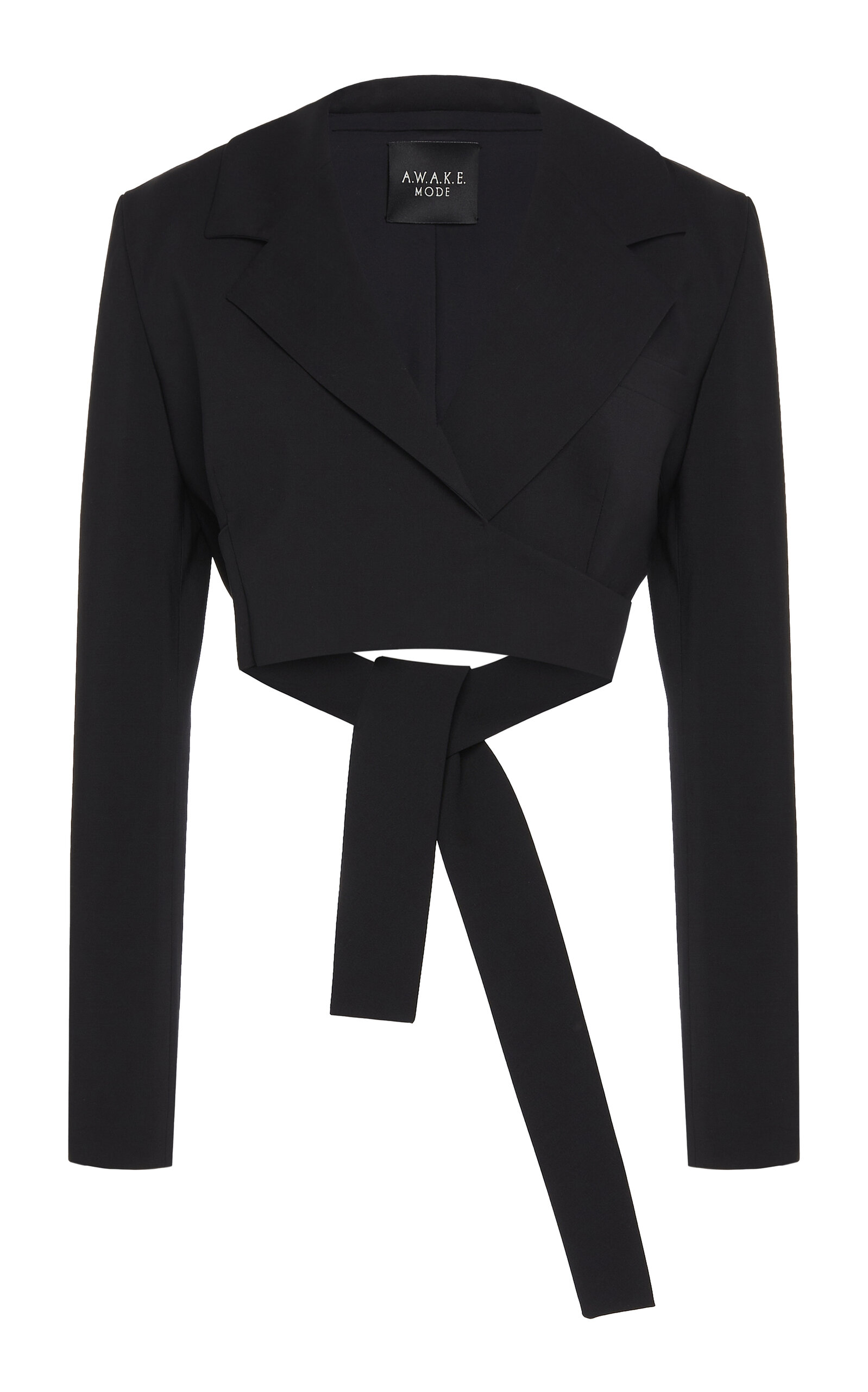 A.w.a.k.e. Tie-detailed Wrap Around Stretch-wool Cropped Jacket In Black