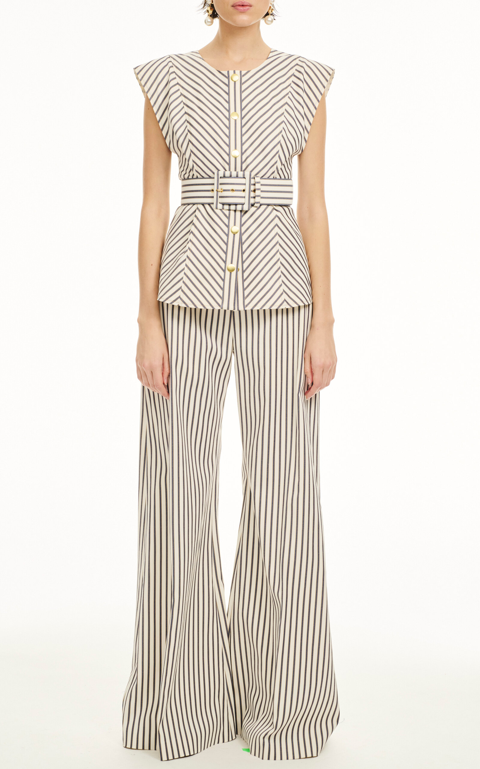 Shop Carolina Herrera High-rise Cotton-blend Wide-leg Pants In Stripe