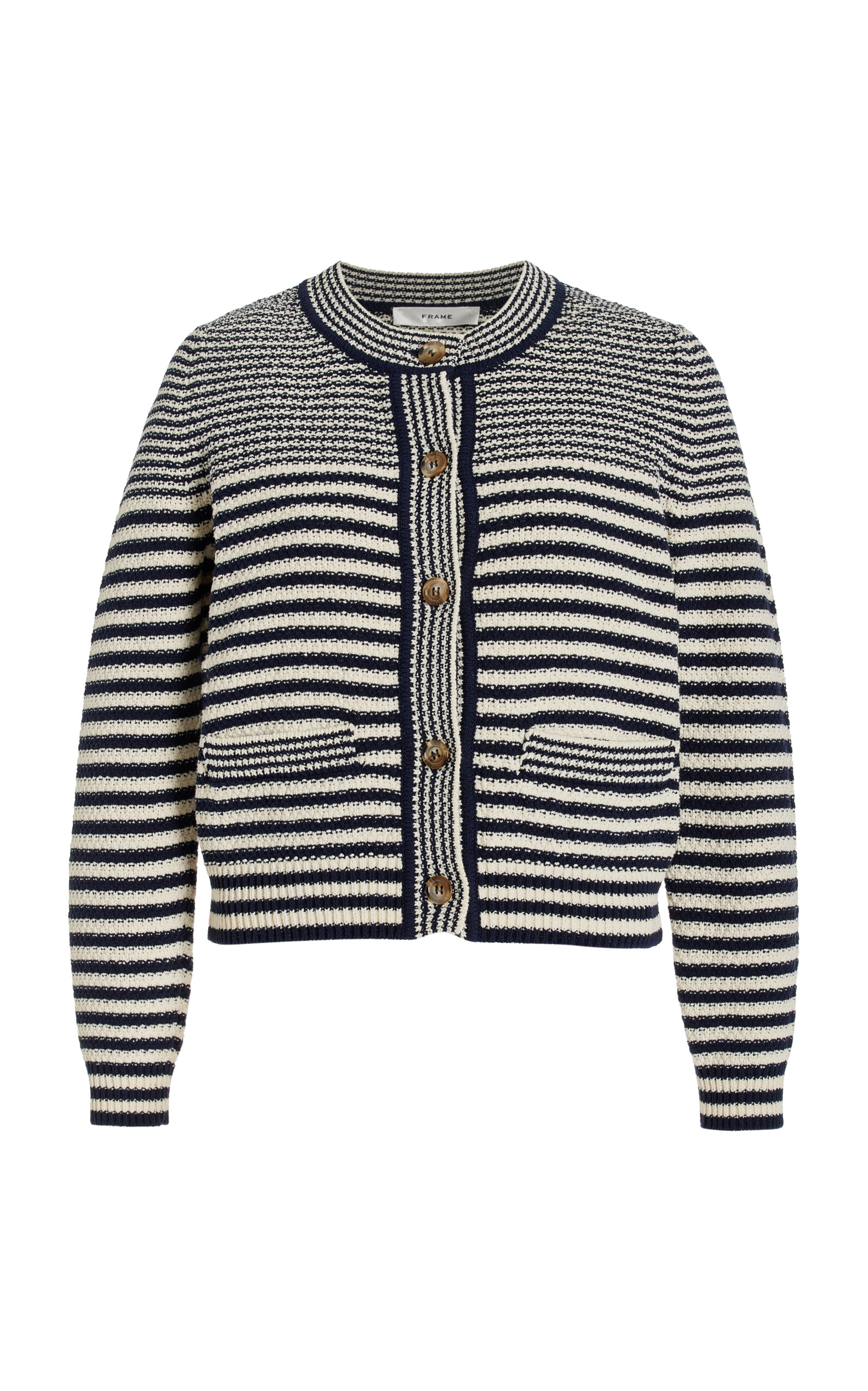 Shop Frame Striped Cotton-blend Cardigan In Navy