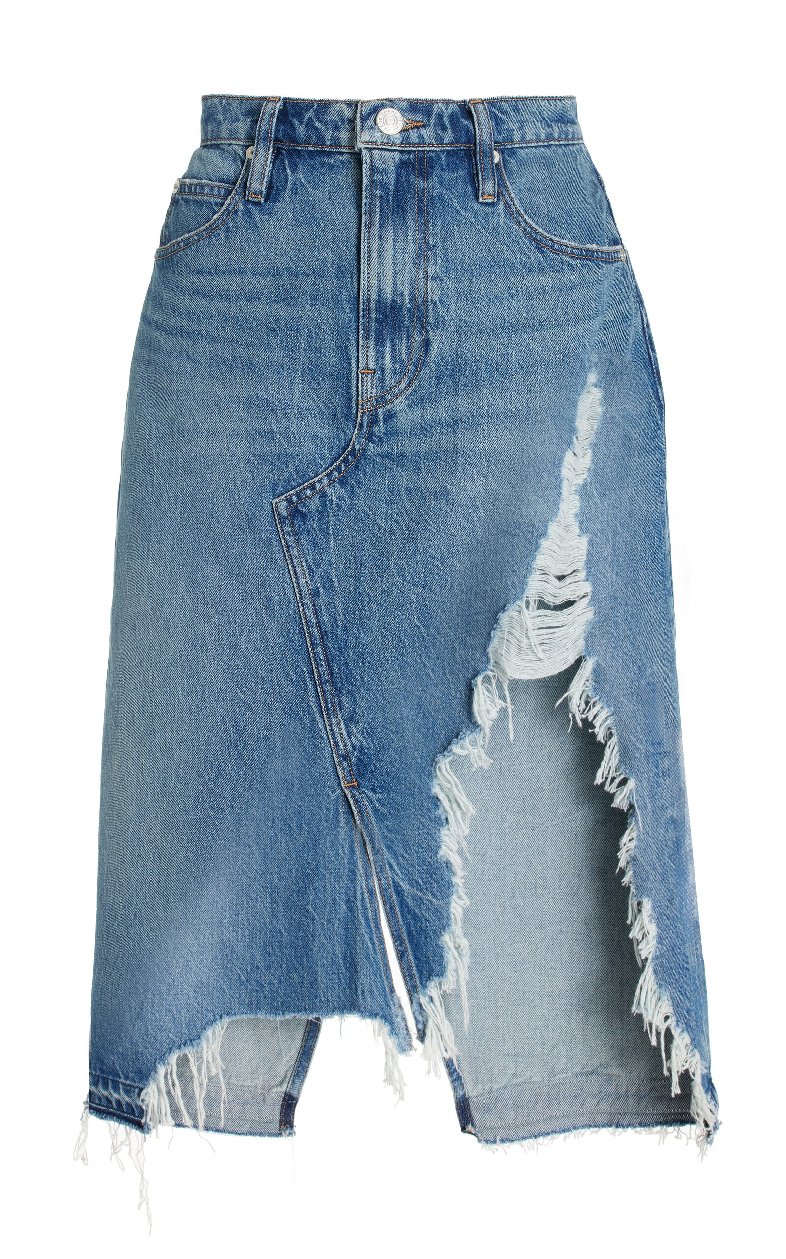 Shop Frame Deconstructed Frayed Denim Midi Skirt In Blue