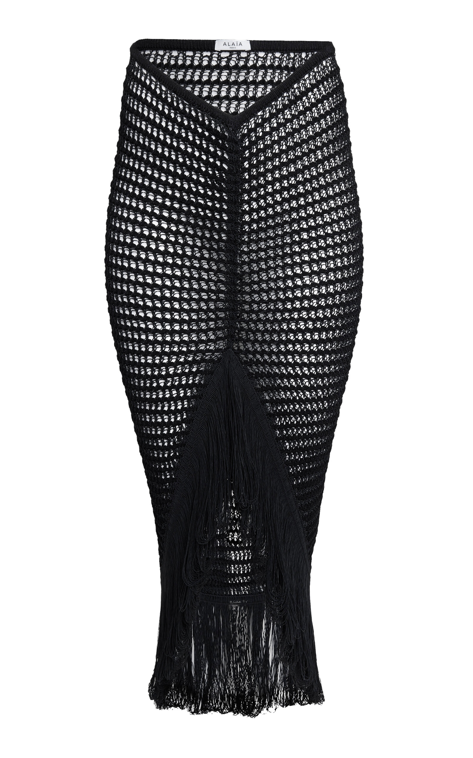 Shop Alaïa Fringed Crocheted Cotton-blend Midi Skirt In Black