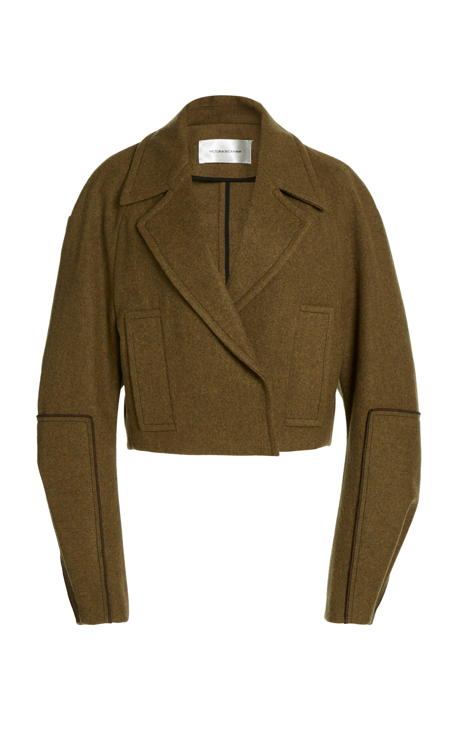 Victoria Beckham Cropped Merino Wool-blend Pea Coat In Khaki