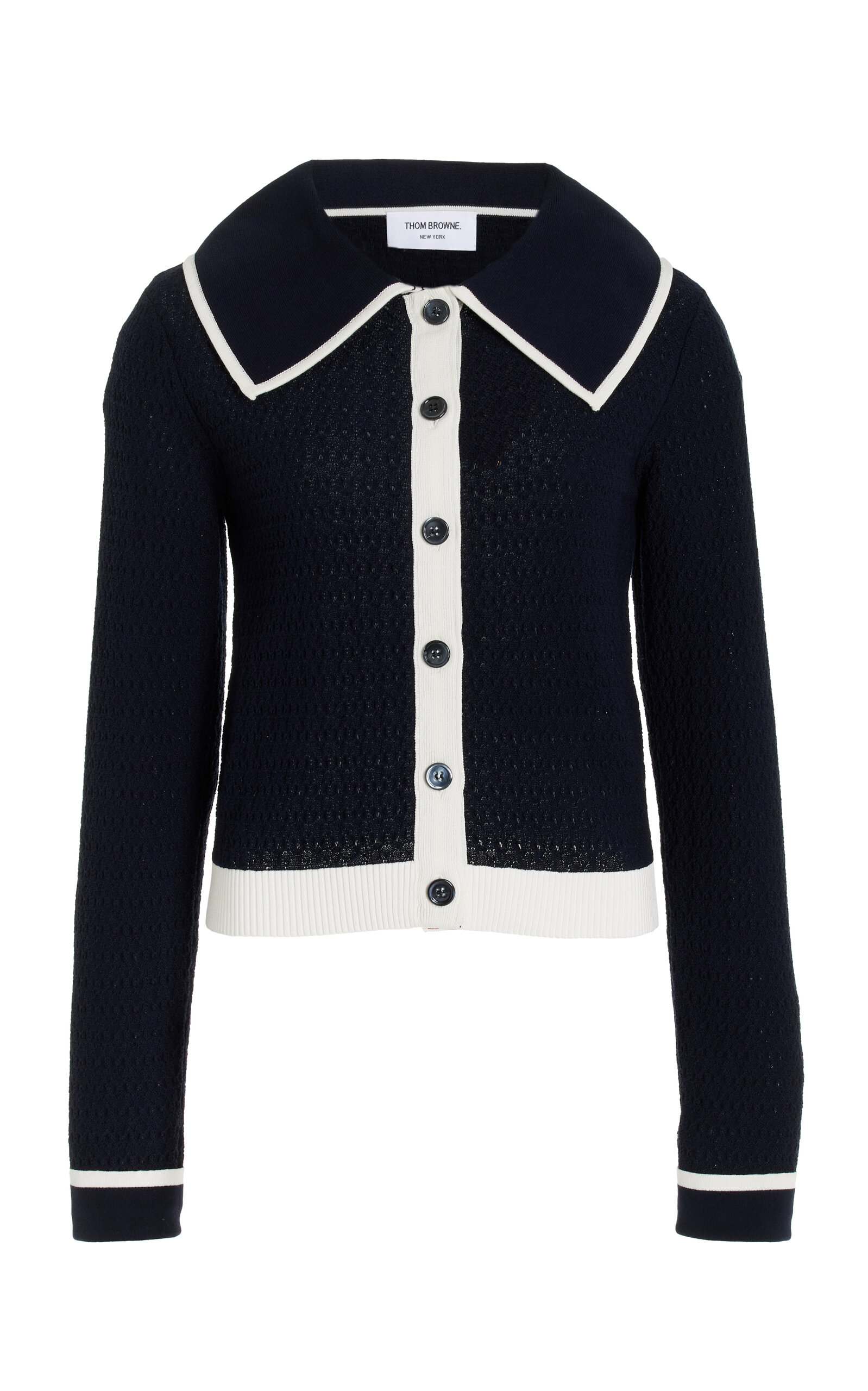 Shop Thom Browne Pointelle-knit Cotton Cardigan In Navy