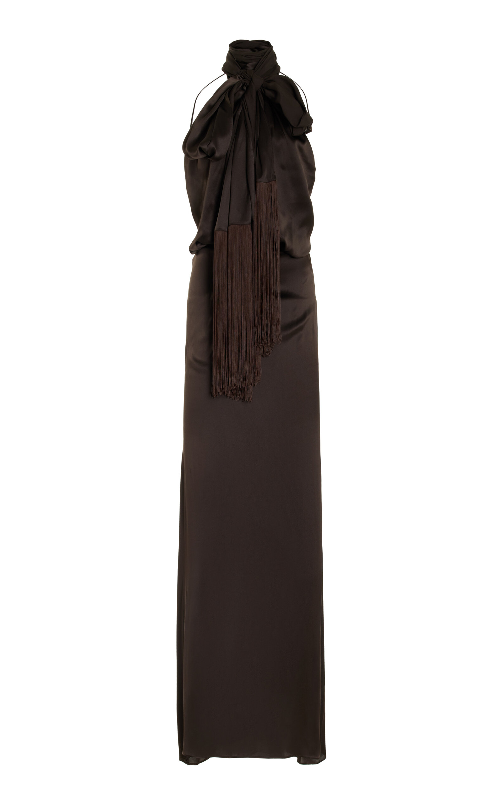 Attico Fringed Draped Silk-satin Maxi Dress In Brown