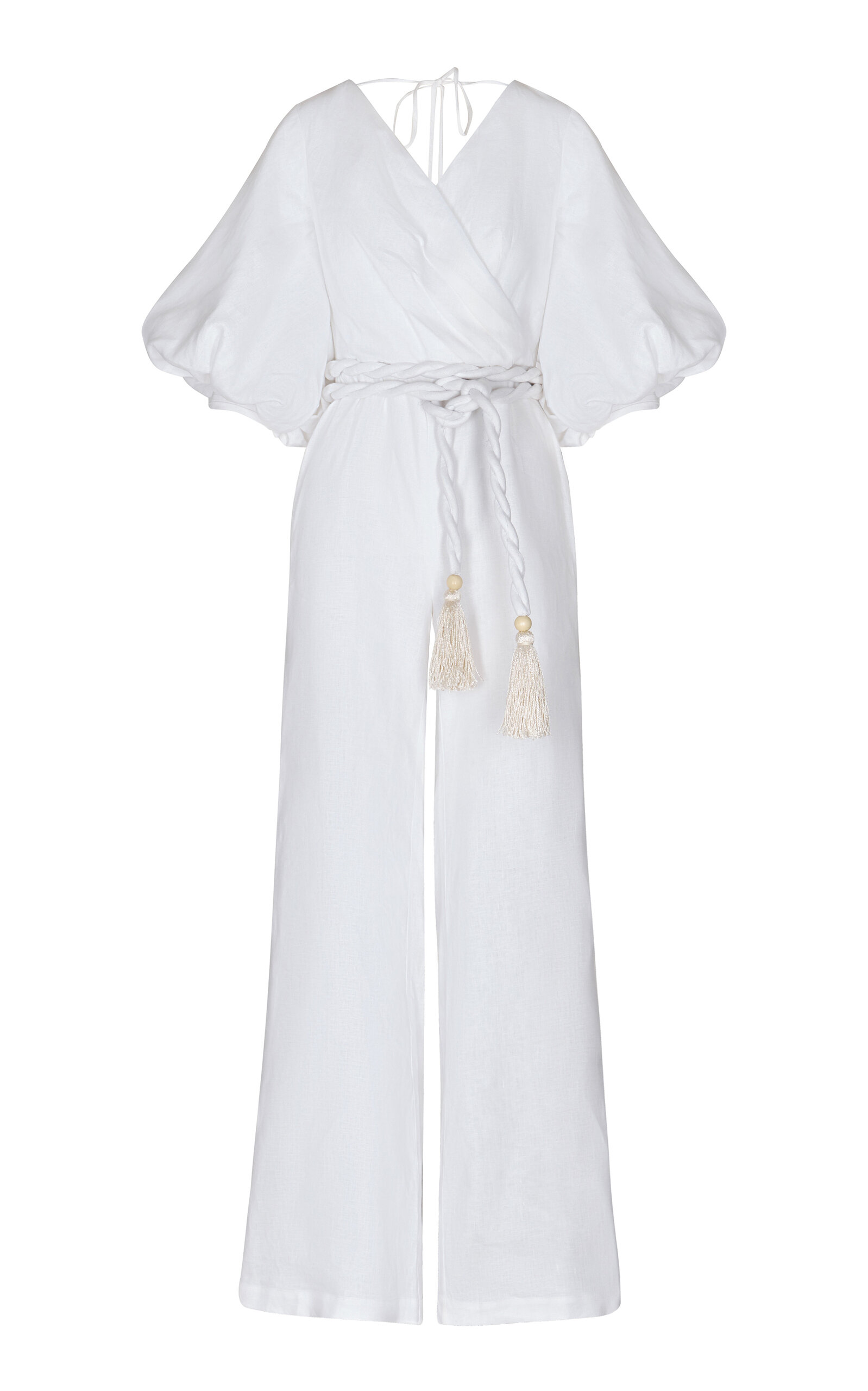 Andres Otalora De Hamel Belted Puff-sleeve Linen Jumpsuit In Off-white