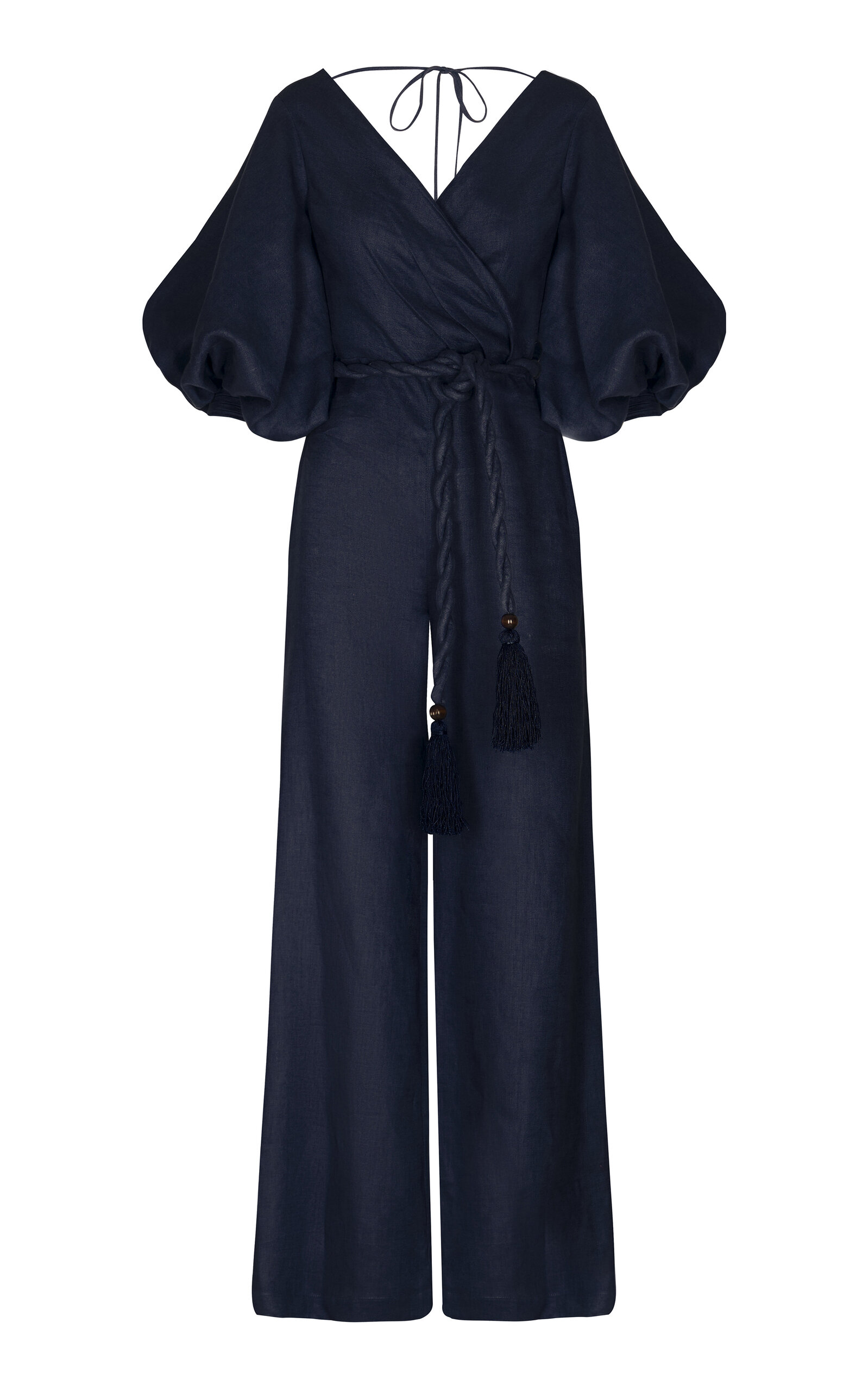 Andres Otalora De Hamel Belted Puff-sleeve Linen Jumpsuit In Navy