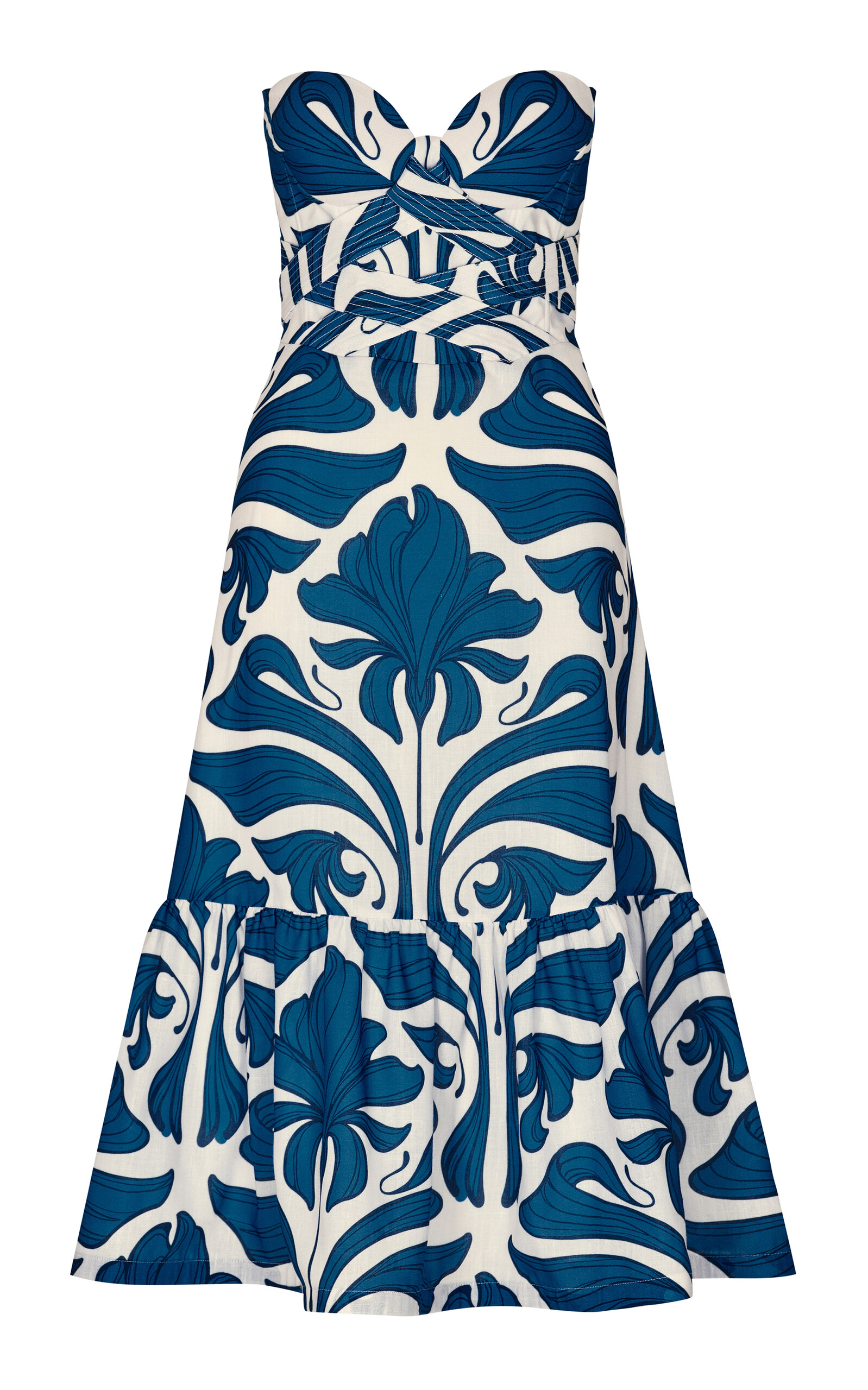 Andres Otalora Mosaico Tiered Linen Bustier Midi Dress In Blue