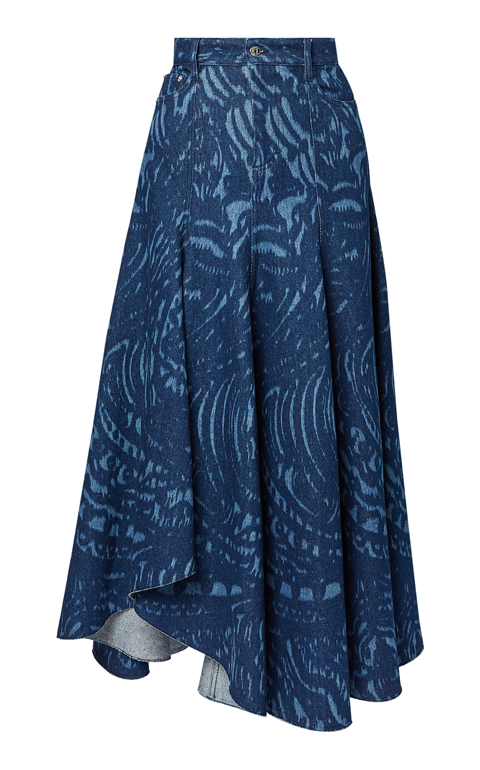 Printed Flare Denim Midi Skirt