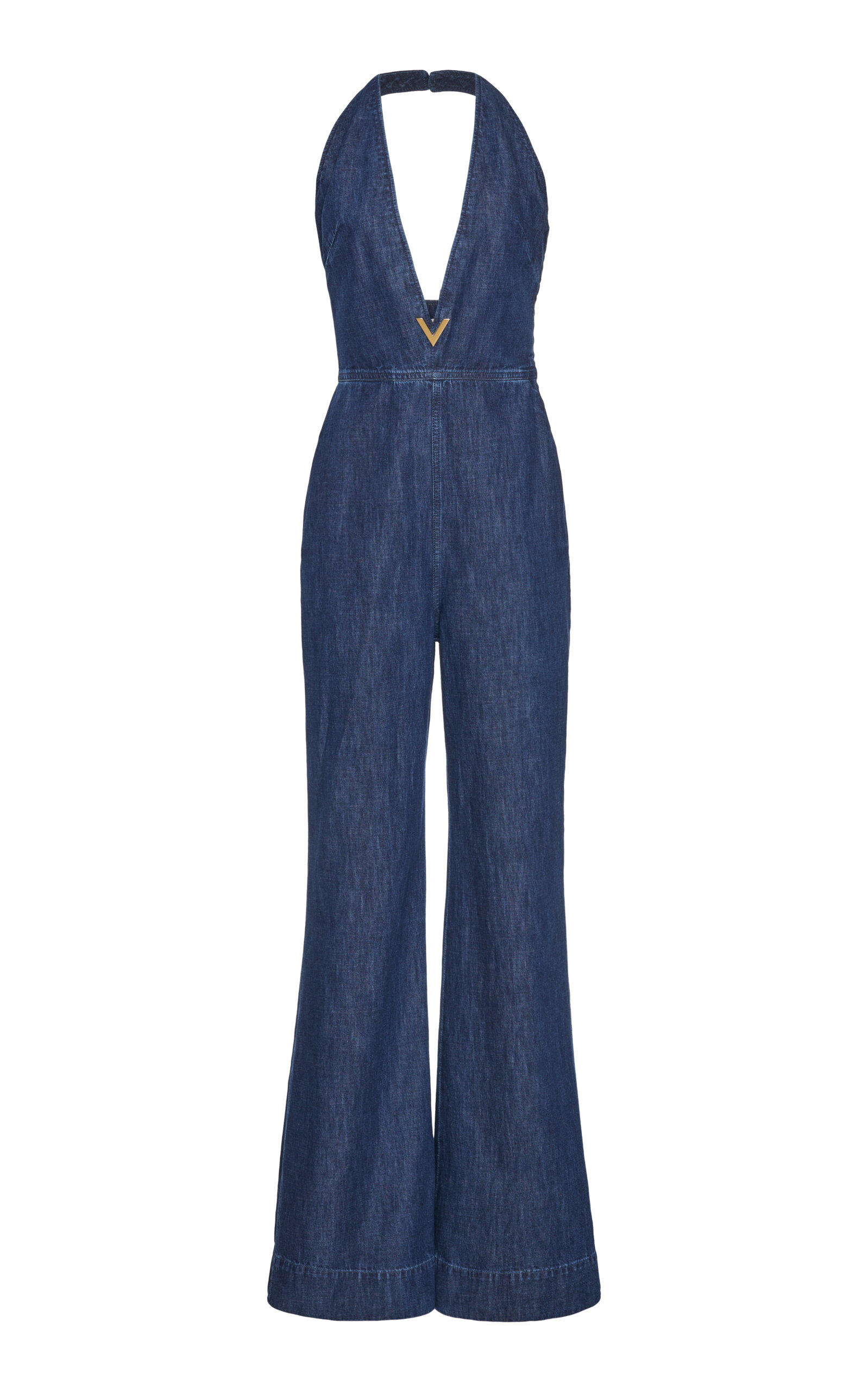 Valentino Plunging Chambray Denim Jumpsuit In Dark Wash