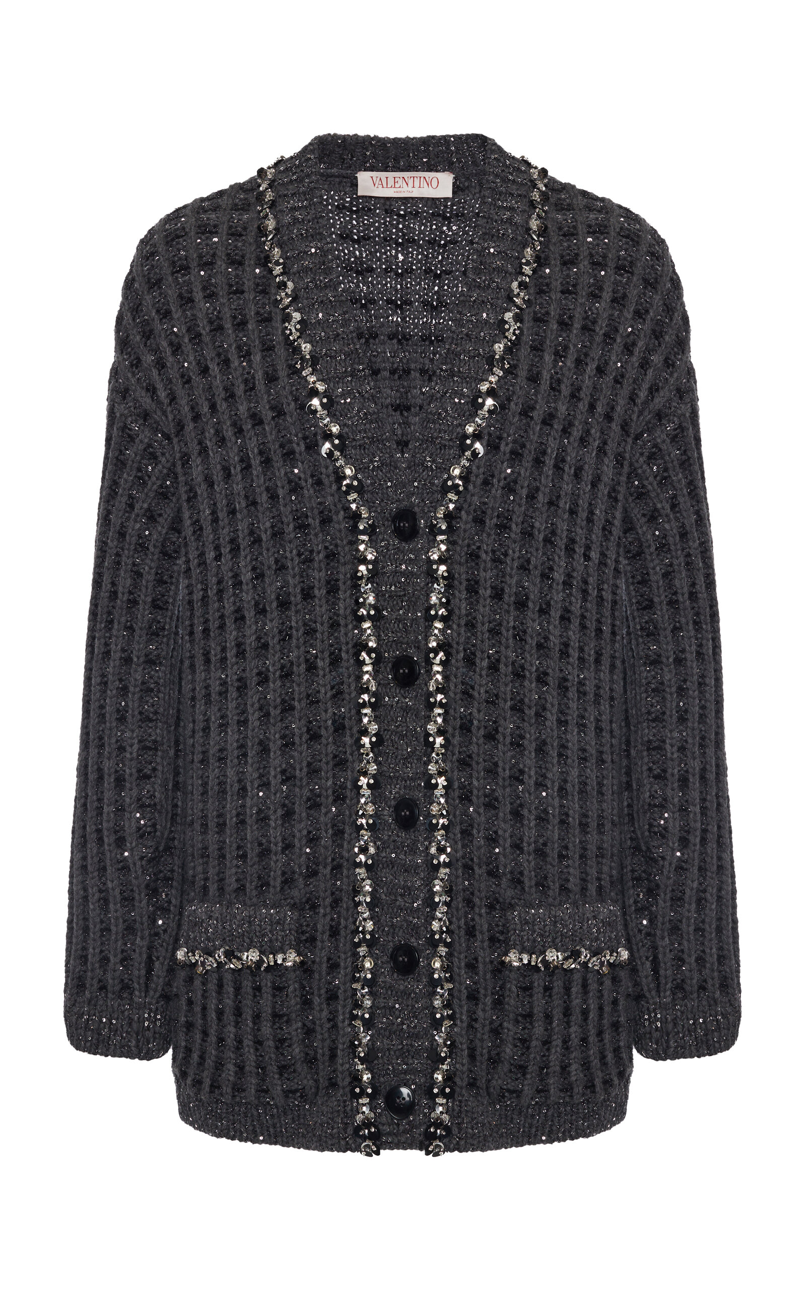 Valentino Embellished Wool-blend Cable-knit Cardigan In Black