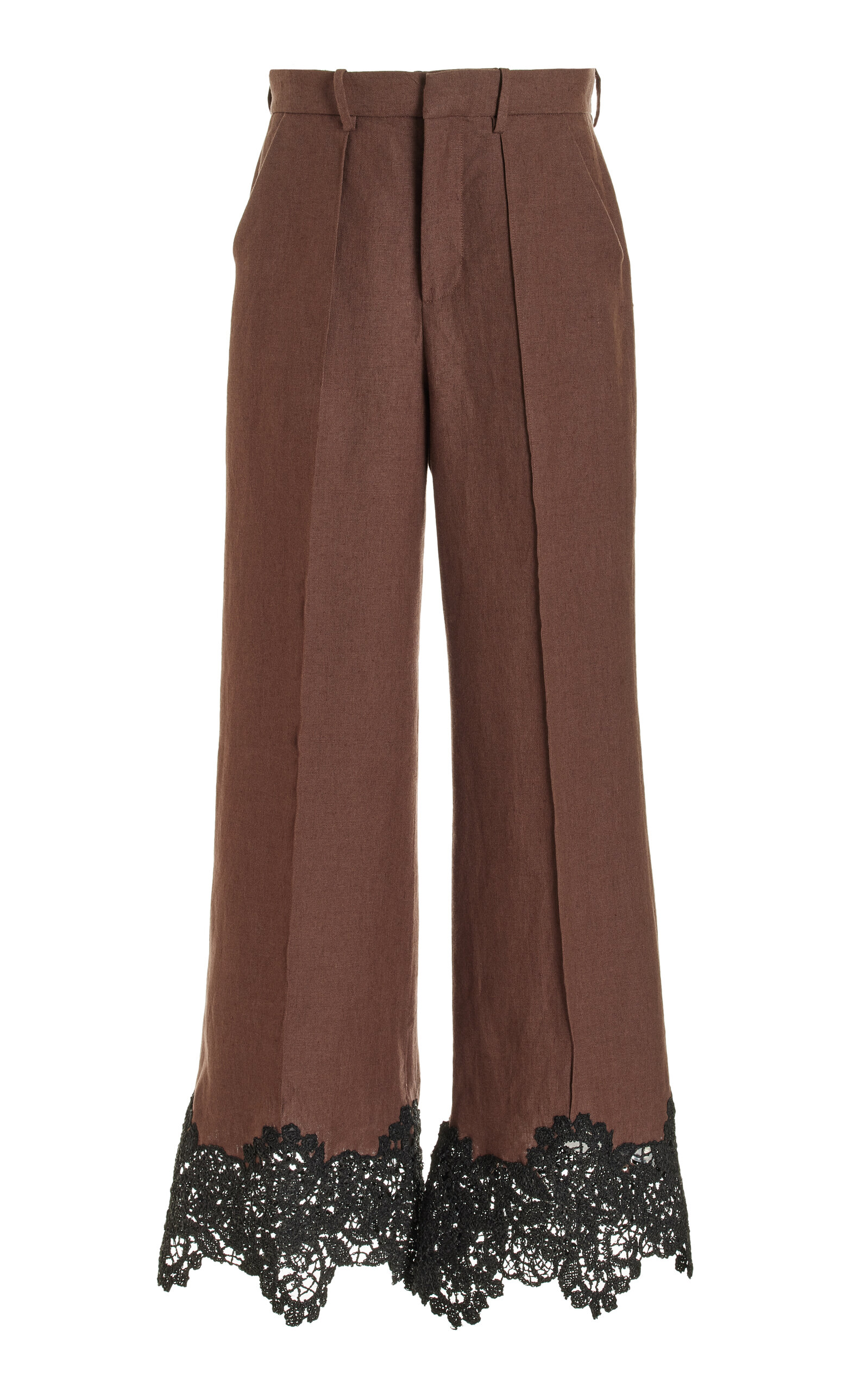 Paneled and Piped Lace-Detailed Linen Flare Pants