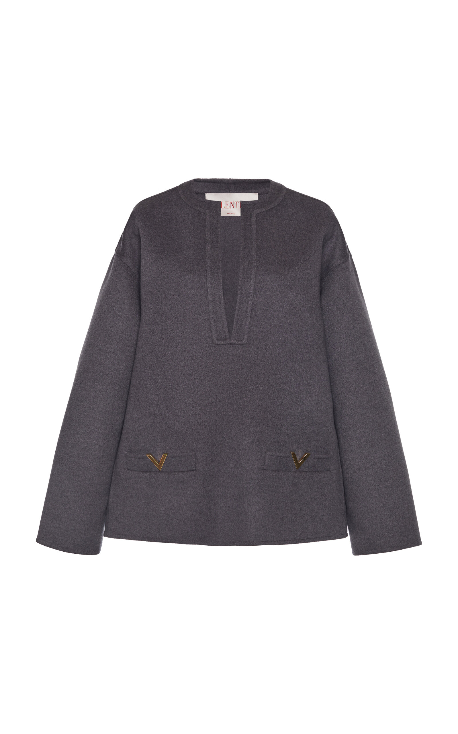 Valentino Logo-embellished Wool-cashmere Tunic Top In Dark Grey