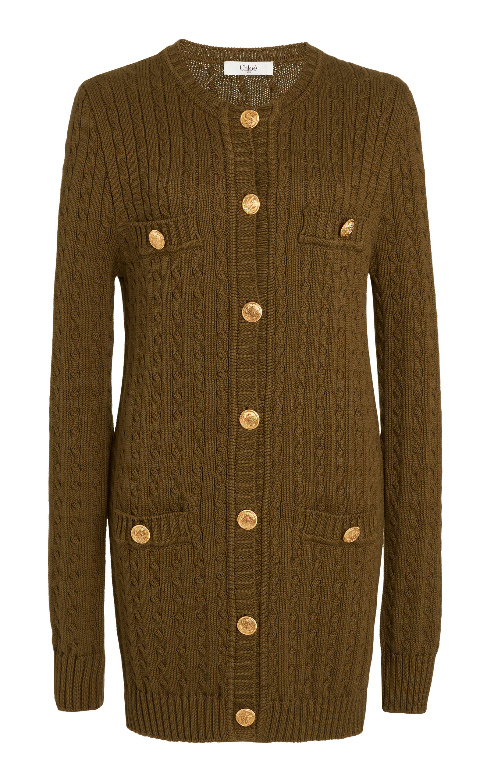 Shop Chloé Longline Cable-knit Cotton Cardigan In Green