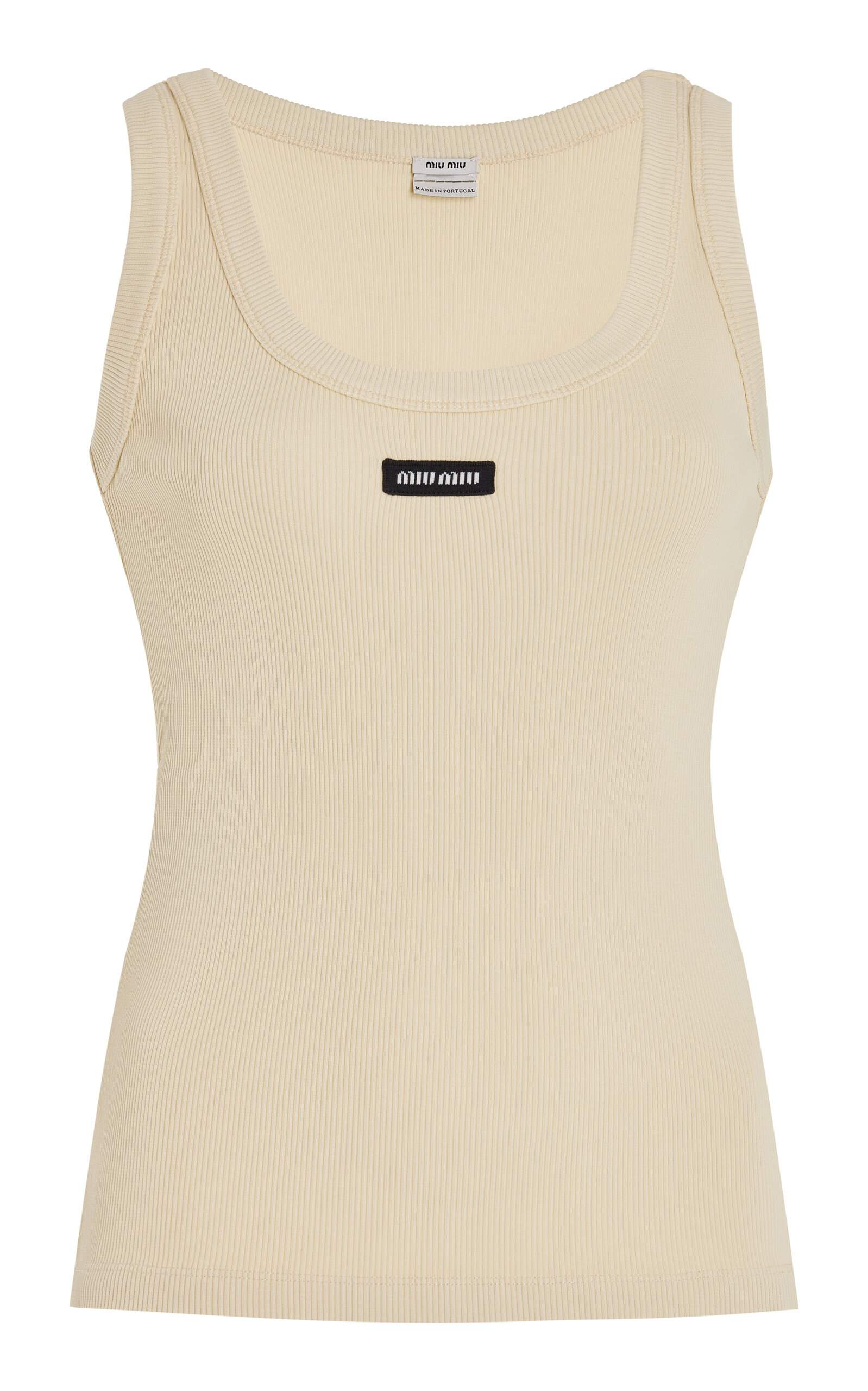 Shop Miu Miu Ribbed Cotton Tank Top In Neutral