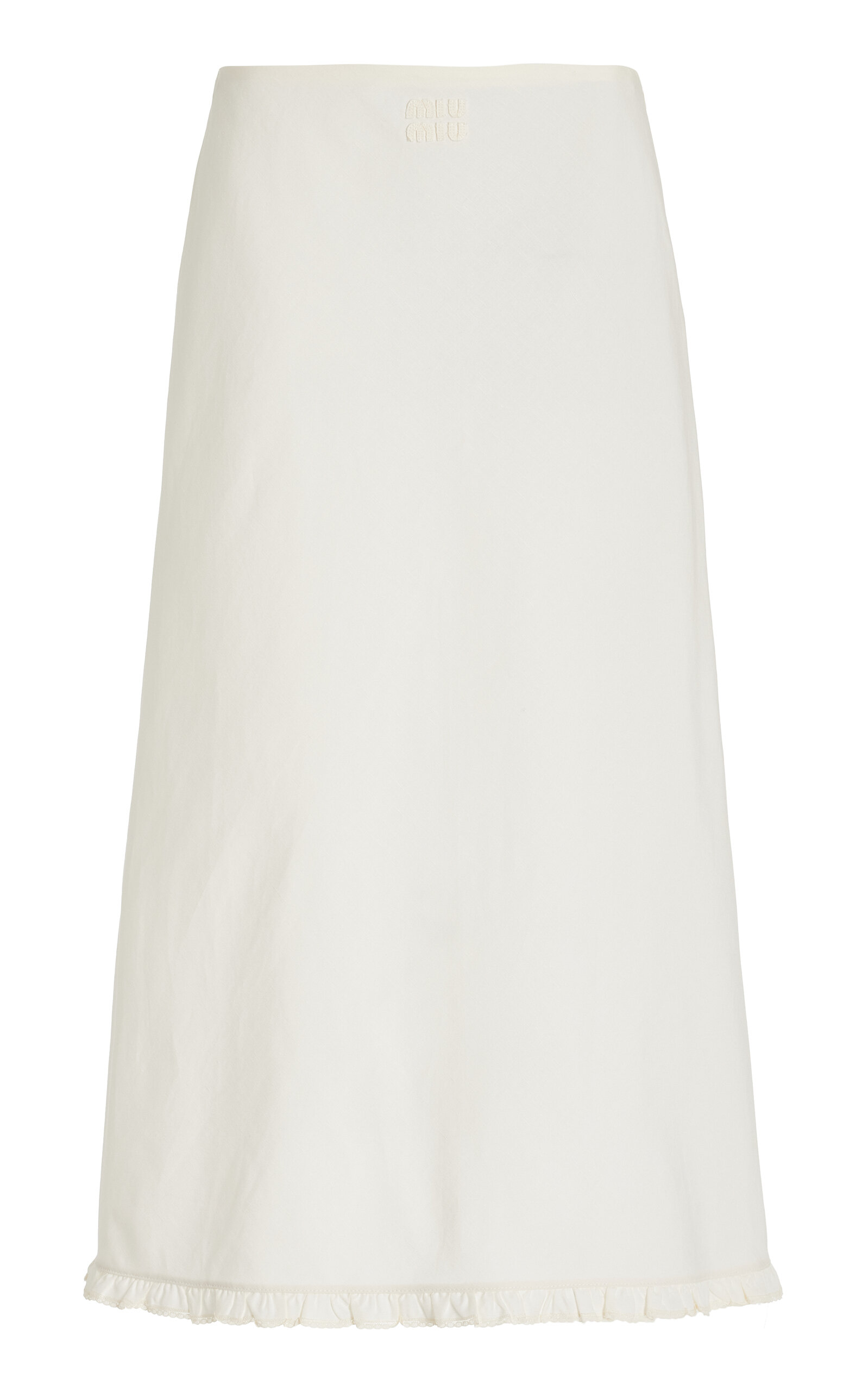 Shop Miu Miu Ruffle-trimmed Cotton-linen Maxi Skirt In White