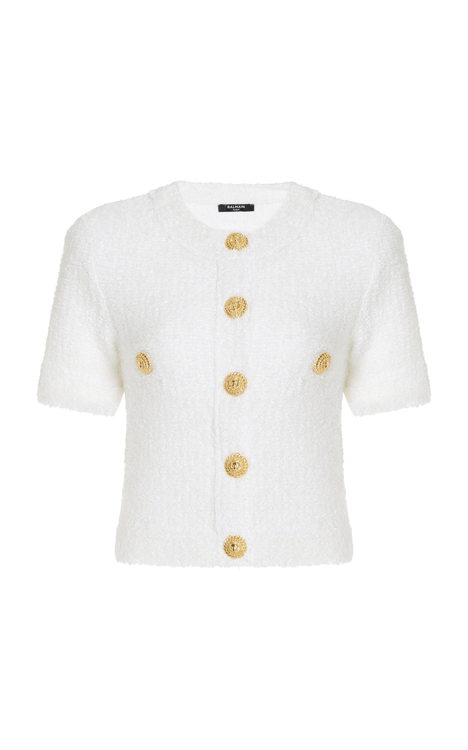 Shop Balmain Cropped Knit Cardigan In White