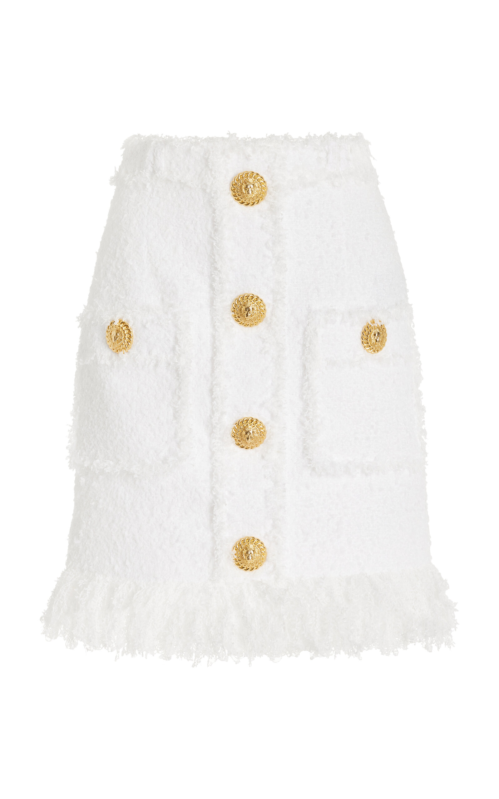 Shop Balmain High-rise Fringed Tweed Mini Skirt In White