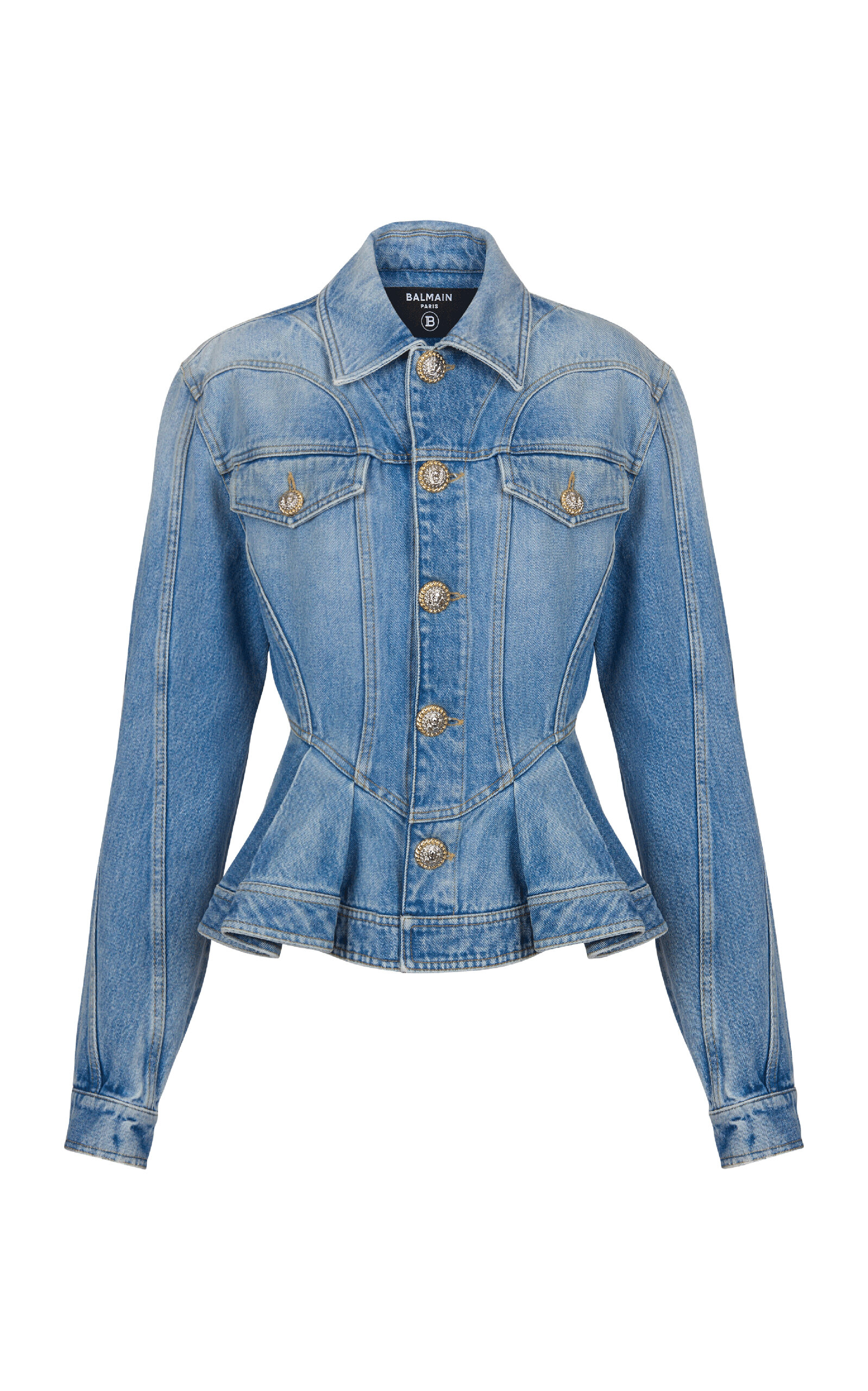 Shop Balmain Puff-sleeve Denim Peplum Jacket In Light Wash