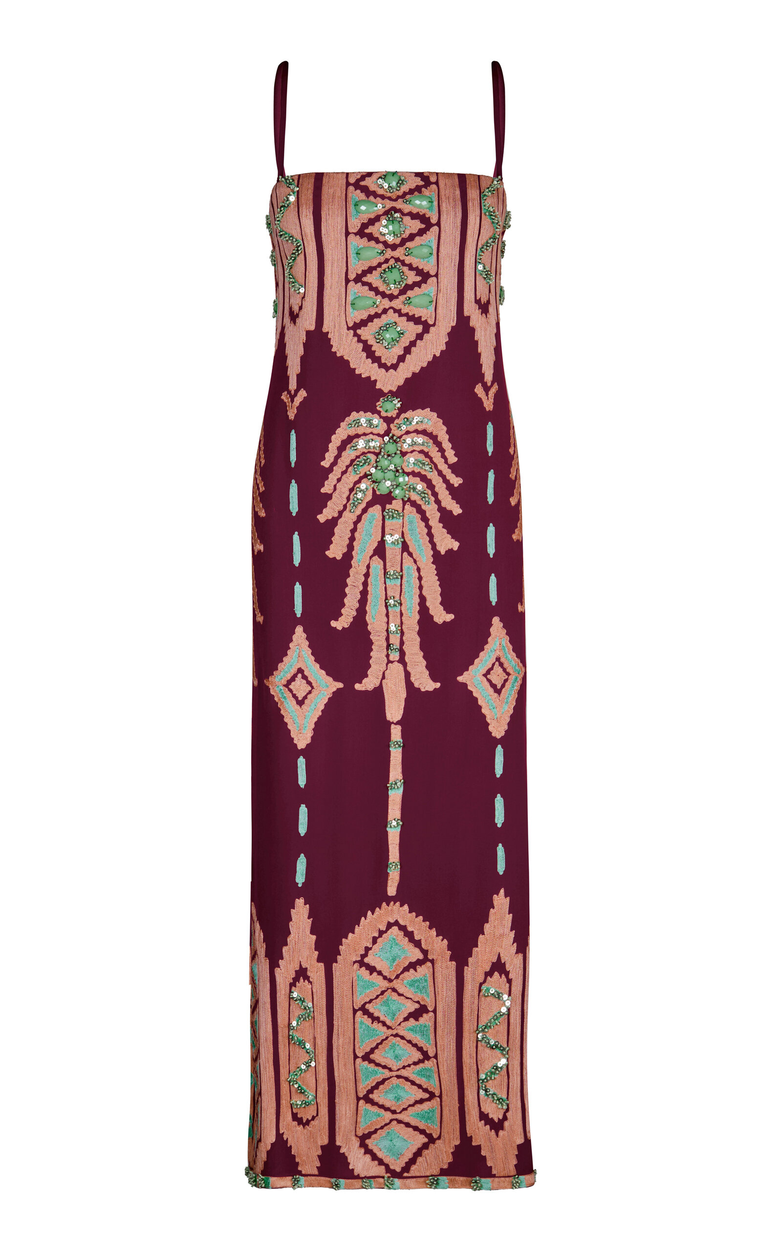 Johanna Ortiz Wedge Weave Embellished Silk Maxi Dress In Burgundy