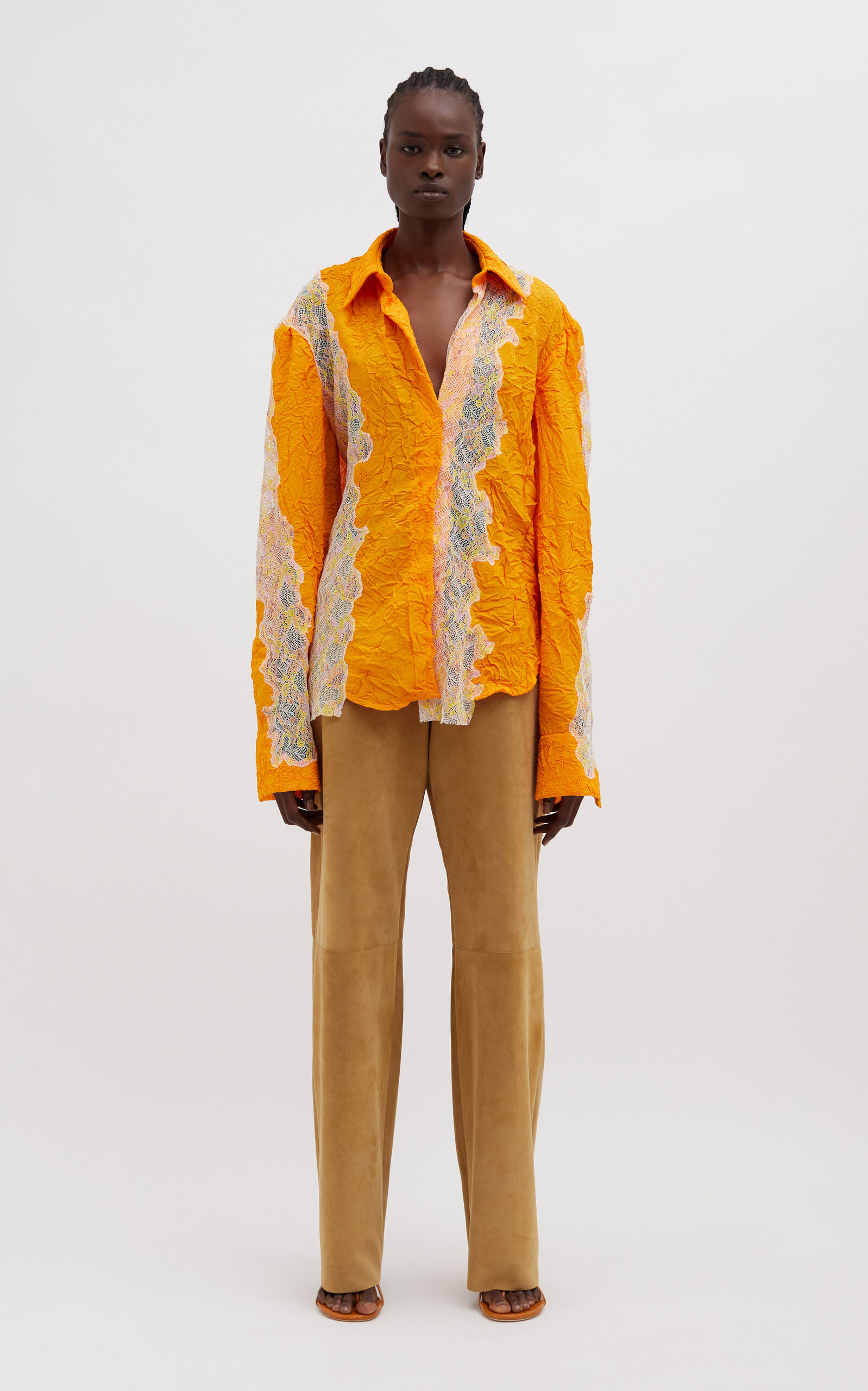 Christopher Esber Crimped Lace-detailed Button-up Shirt In Orange