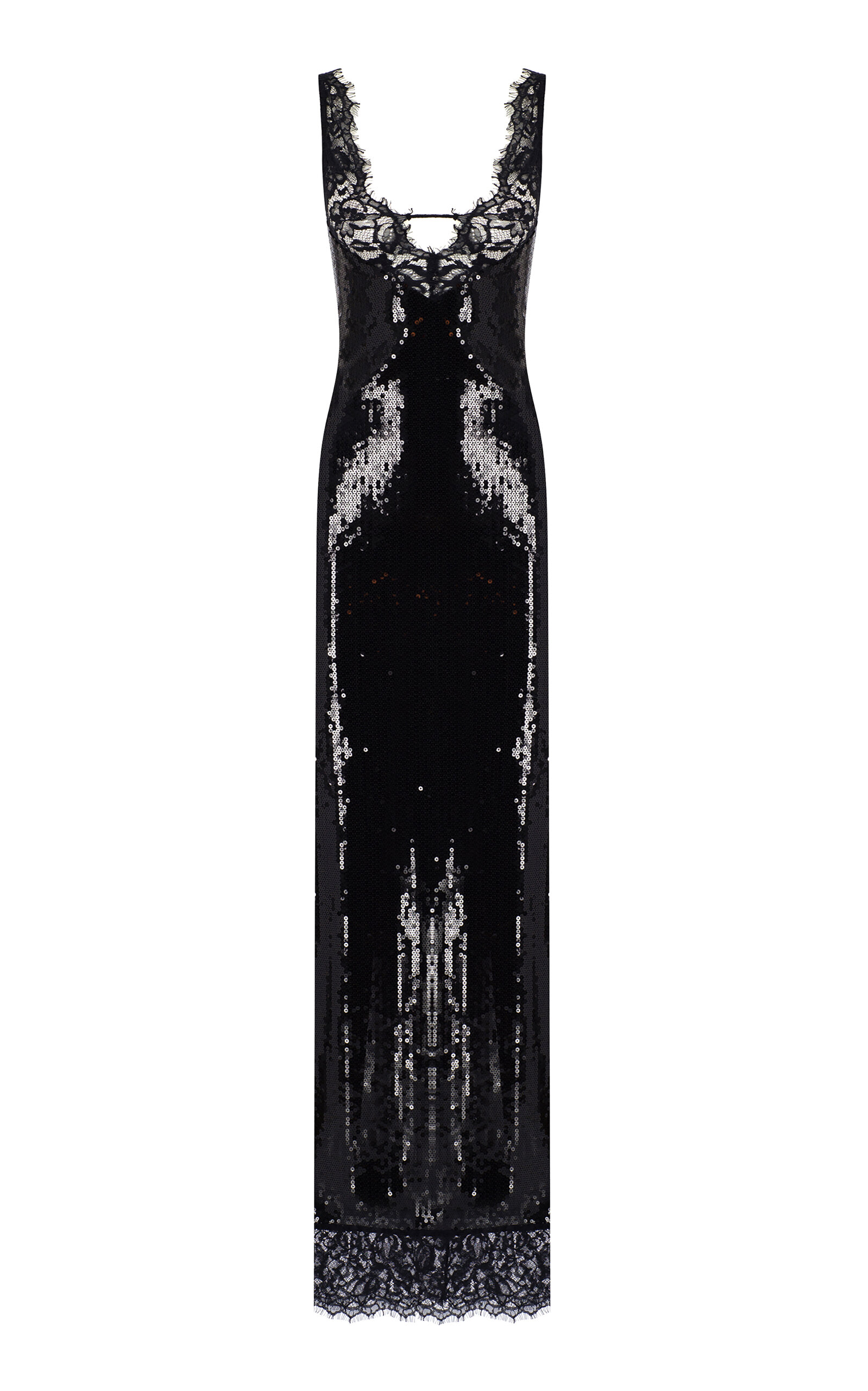 The New Arrivals Ilkyaz Ozel Raine Lace-trimmed Sequin Maxi Dress In Black