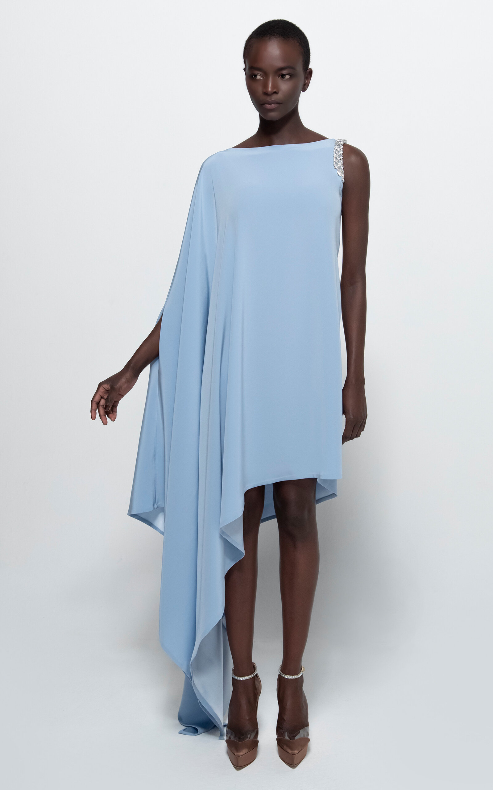 Stephane Rolland Soir De Paris Crepe Satin One-shoulder Asymmetrical Midi Dress In Blue