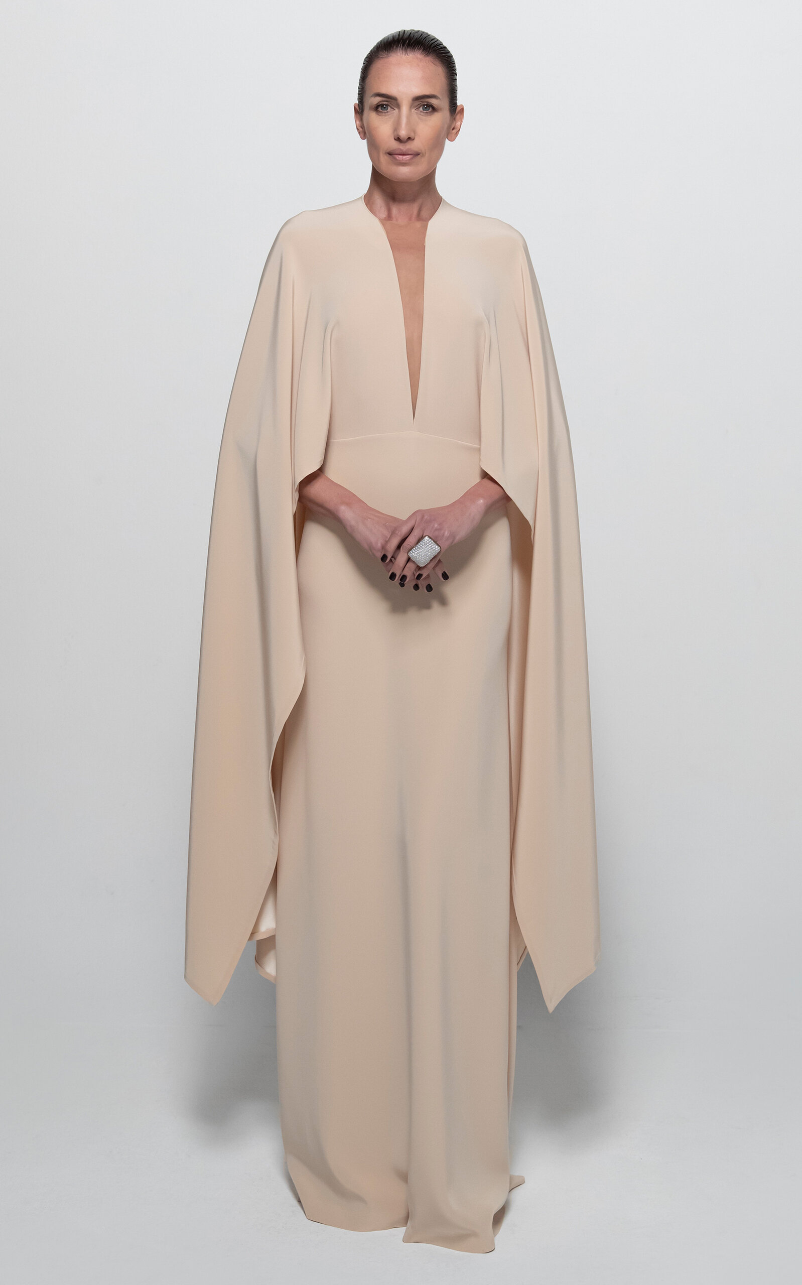 Stephane Rolland Ce Soir Crepe Satin Cape Maxi Dress In Ivory