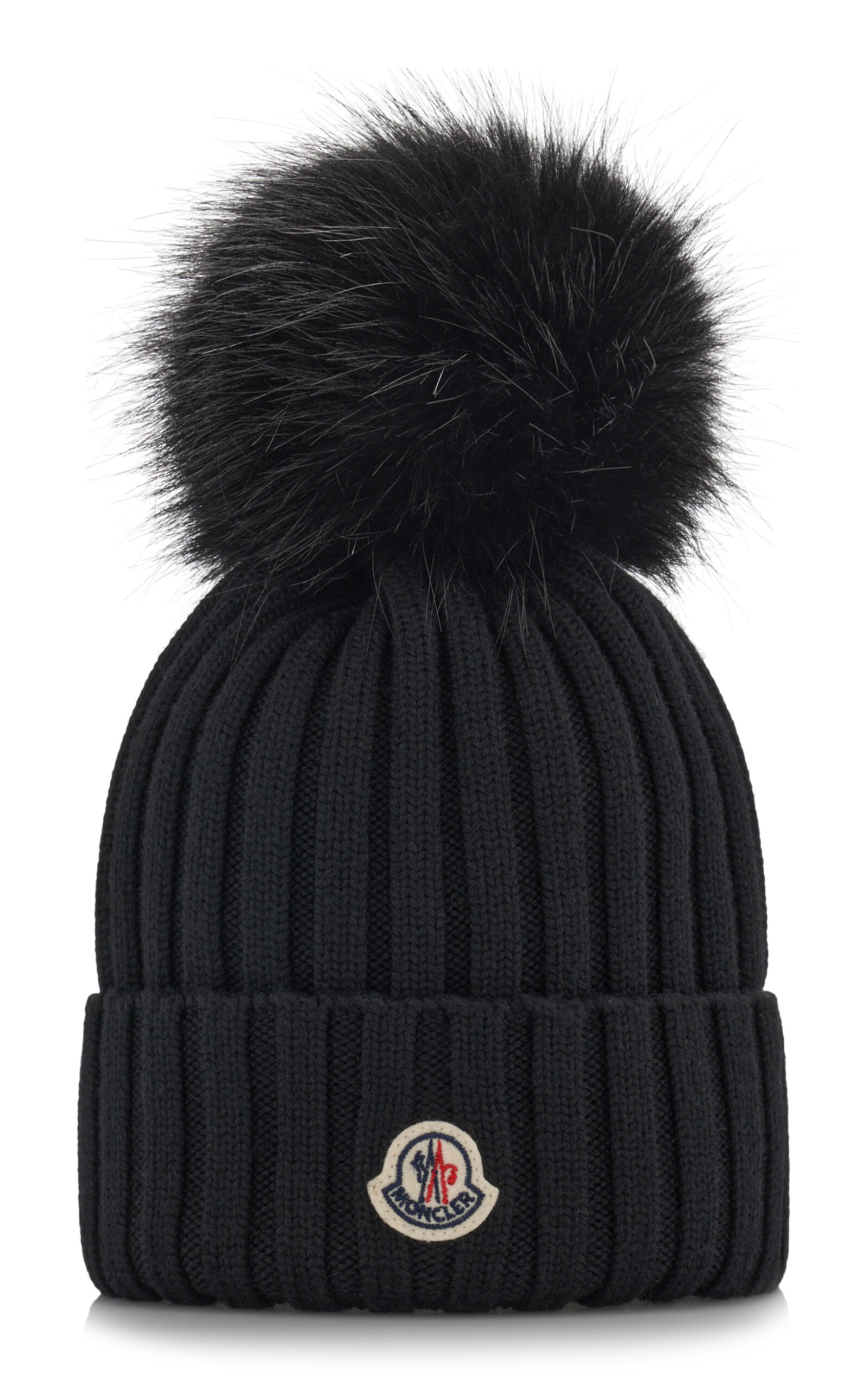 Shop Moncler Fur-trimmed Ribbed-knit Wool Beanie In Black