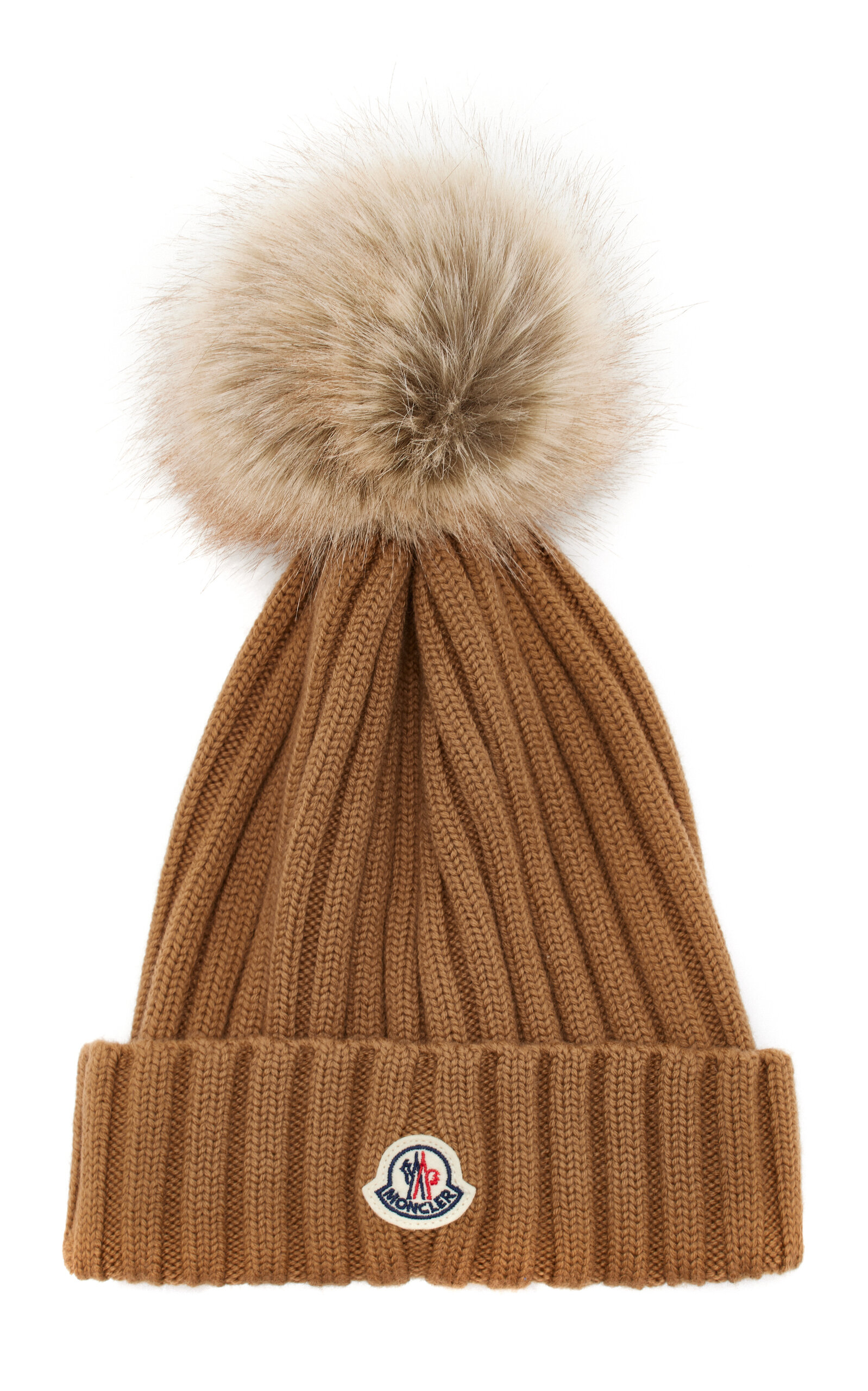 Moncler Fur-trimmed Ribbed-knit Wool Beanie In Brown