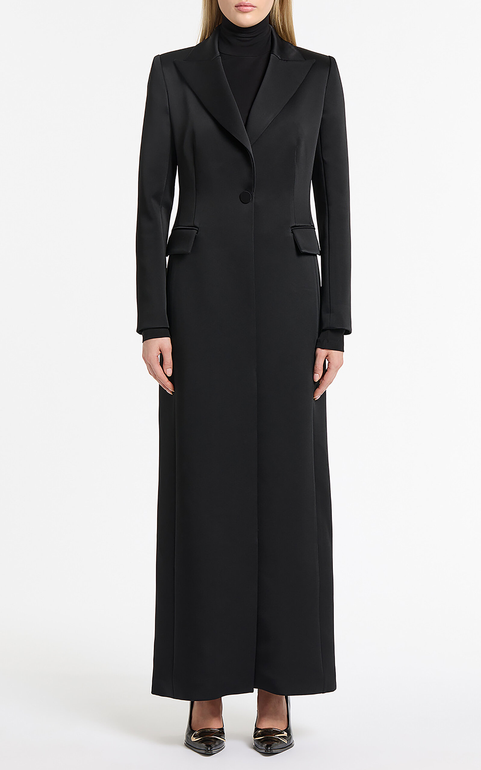 Carla Zampatti Longline Bonded Satin Florence Coat In Black