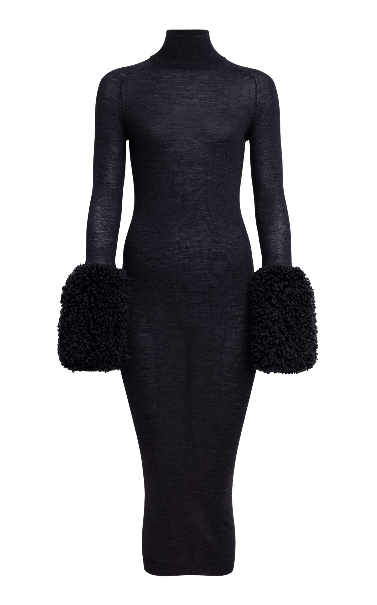 Alaïa Faux Fur-trimmed Wool-jersey Midi Dress In Black