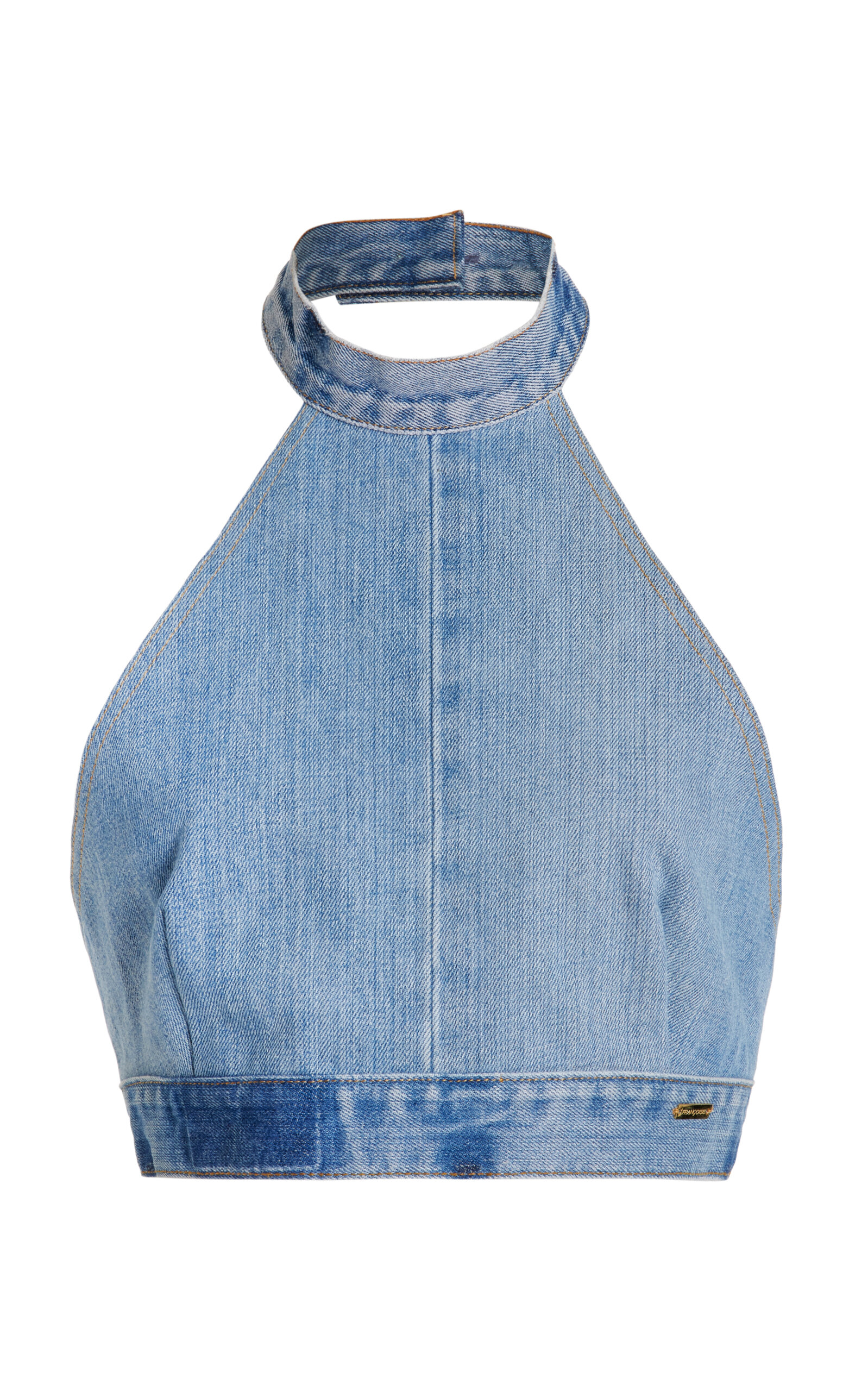 Francoise Exclusive Camille Cropped Upcycled Denim Halter Top In Light Blue