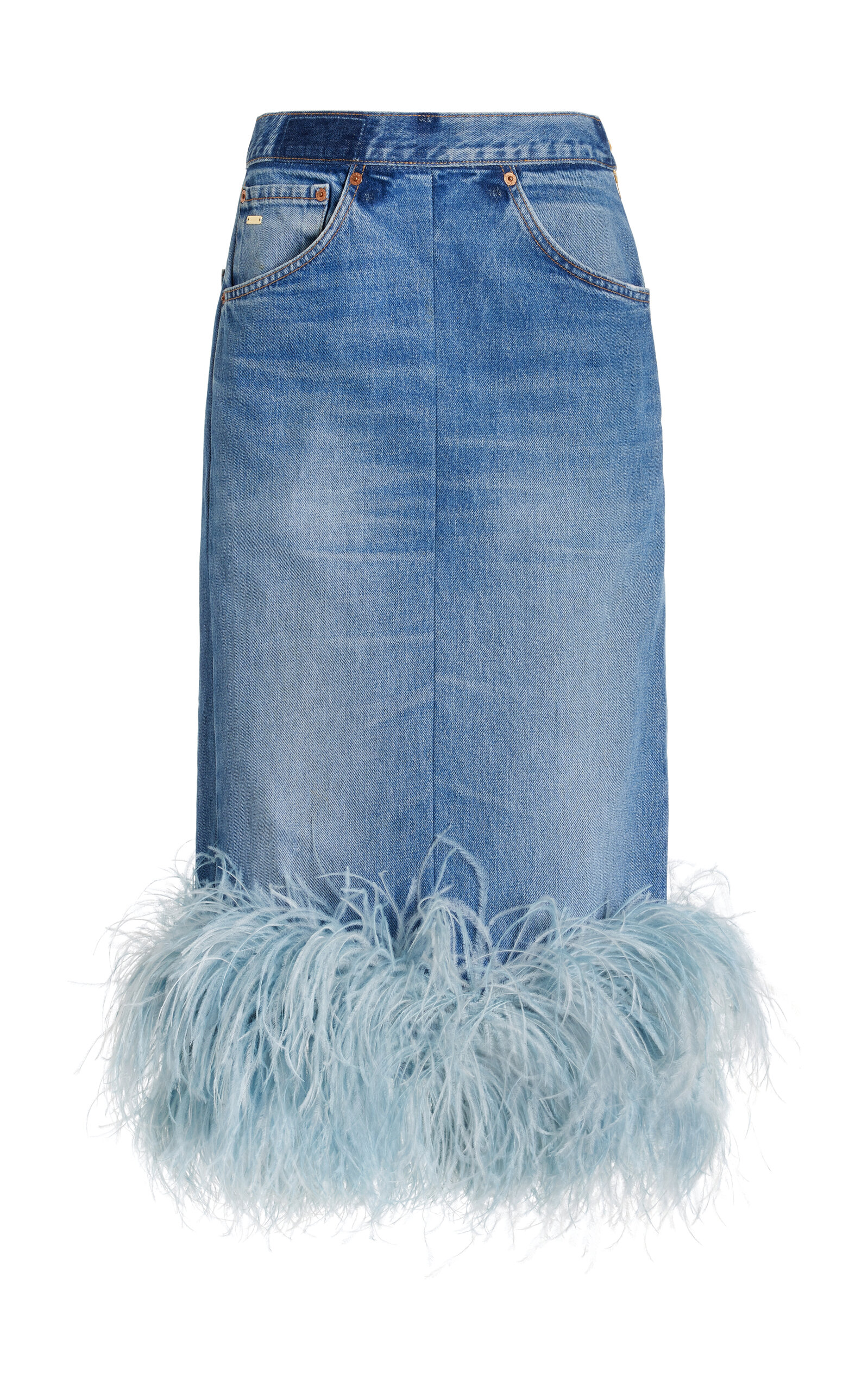 Exclusive Simone Feather-Trimmed Upcycled Denim Midi Skirt