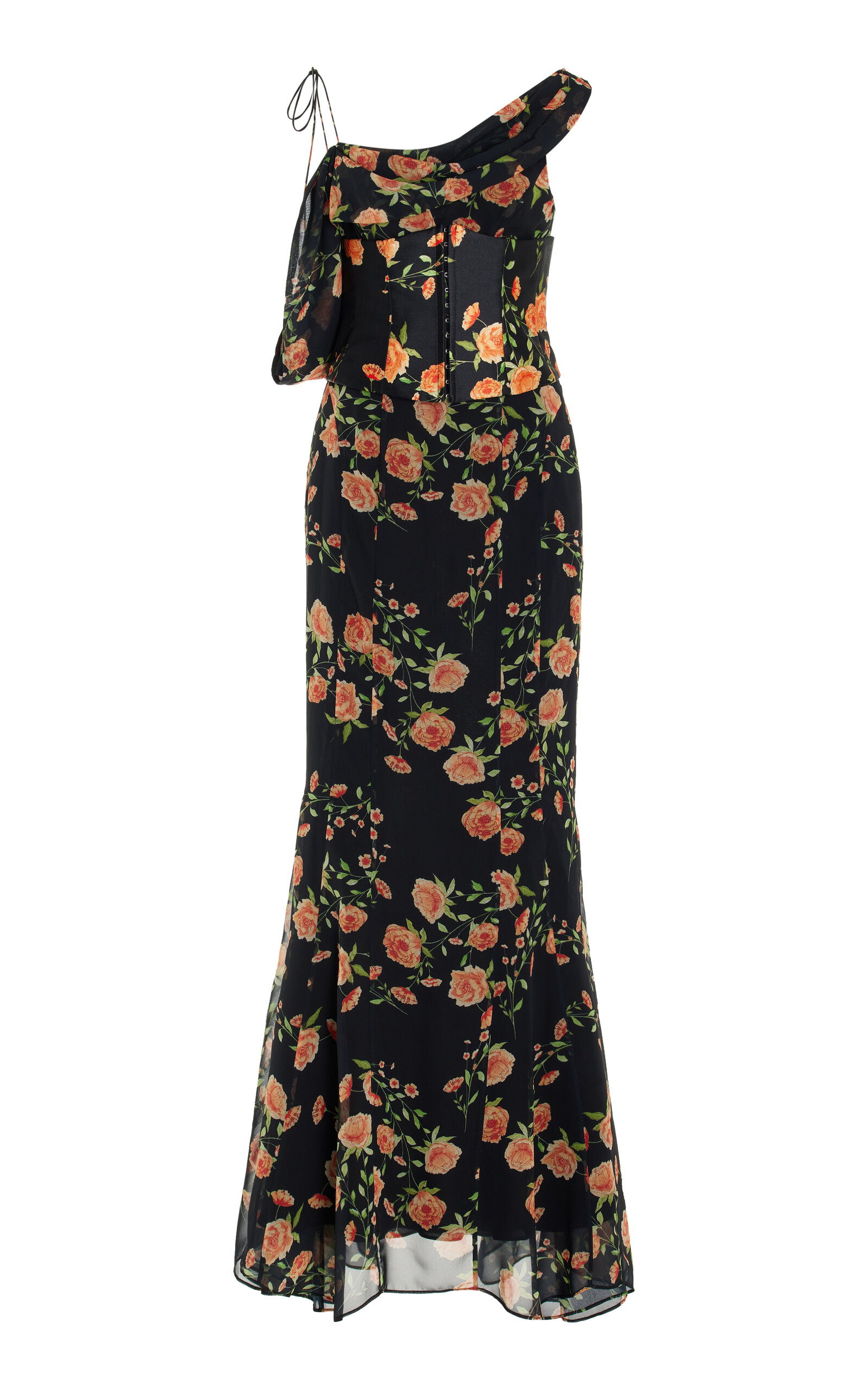 Shop De La Vali Brulee Corseted Floral-chiffon Maxi Dress In Black