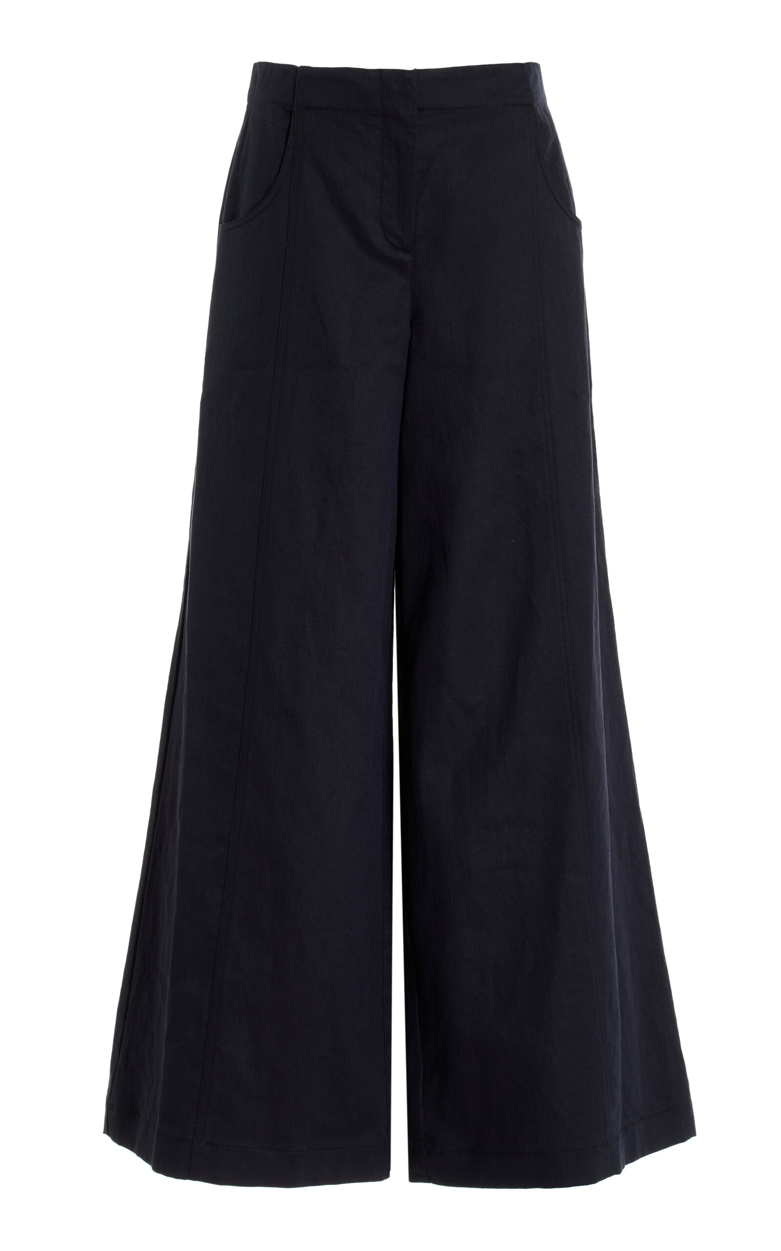 Shop Twp Demie Cotton-linen Mid-rise Wide-leg Pants In Navy