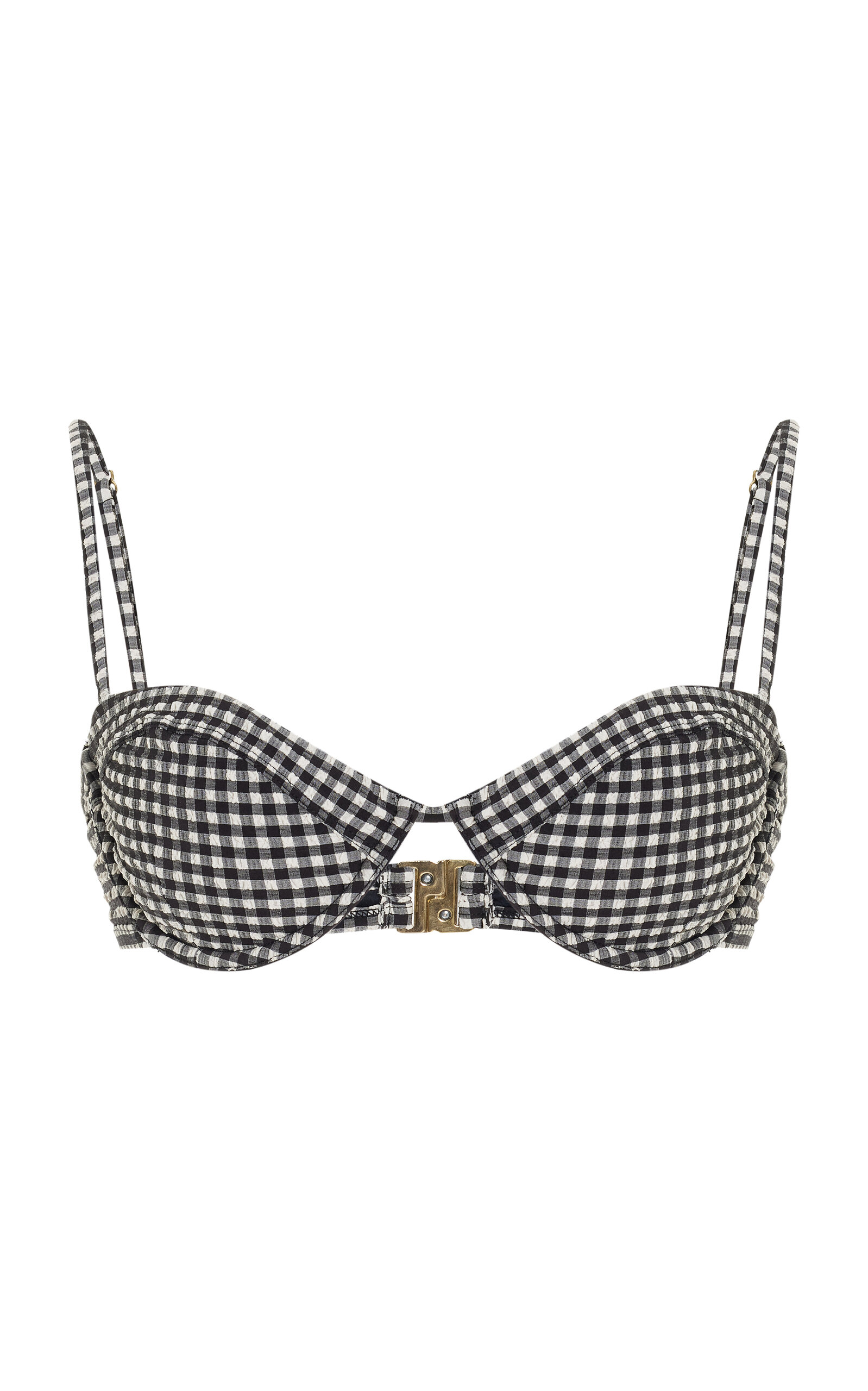 Shop Posse Piper Seersucker Gingham Bikini Top In Black,white