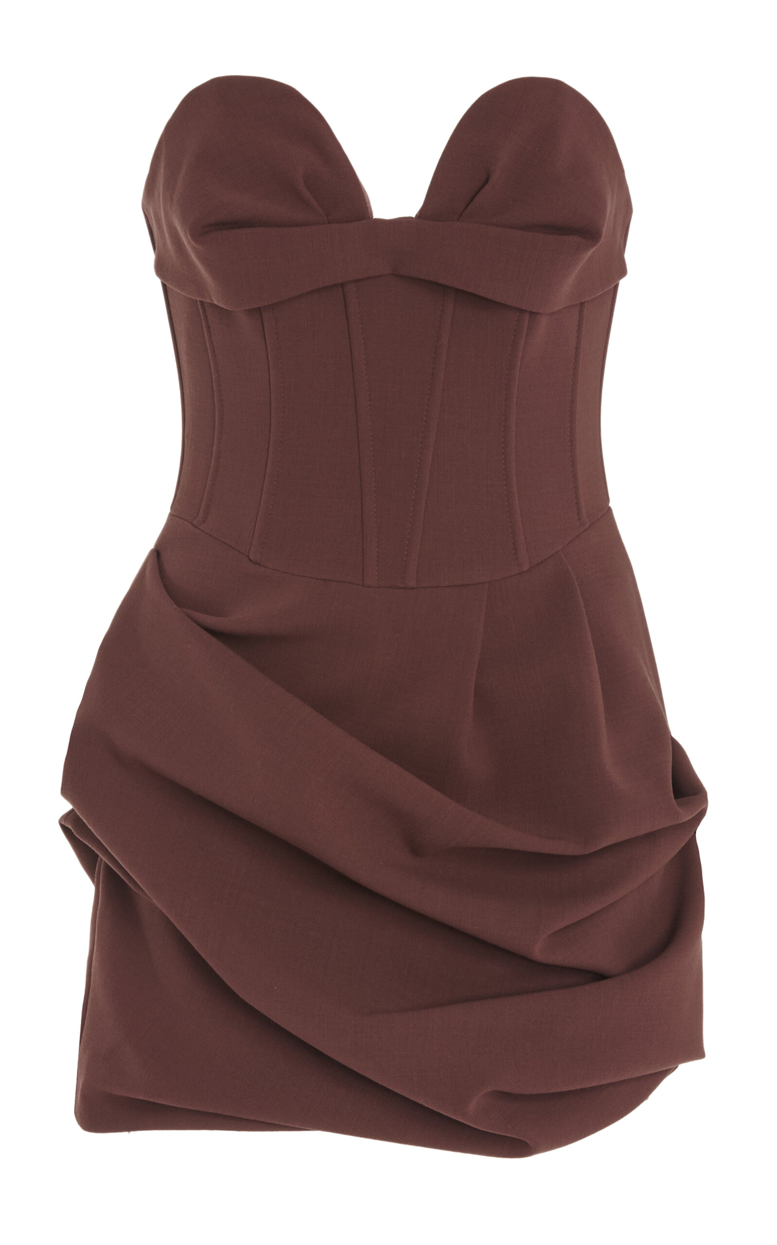 Shop Magda Butrym Draped Strapless Stretch-wool Mini Dress In Brown