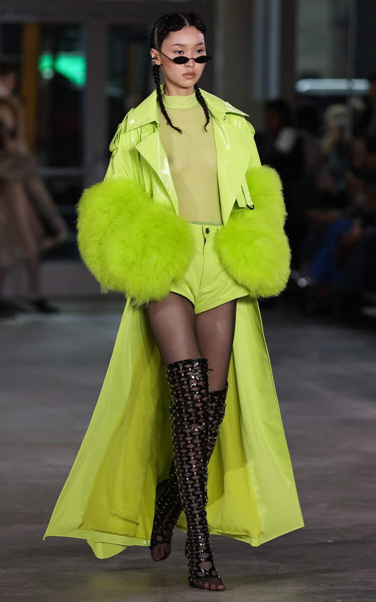 Lapointe Double-breasted Vinyl And Marabou Trench Coat In Lime Green