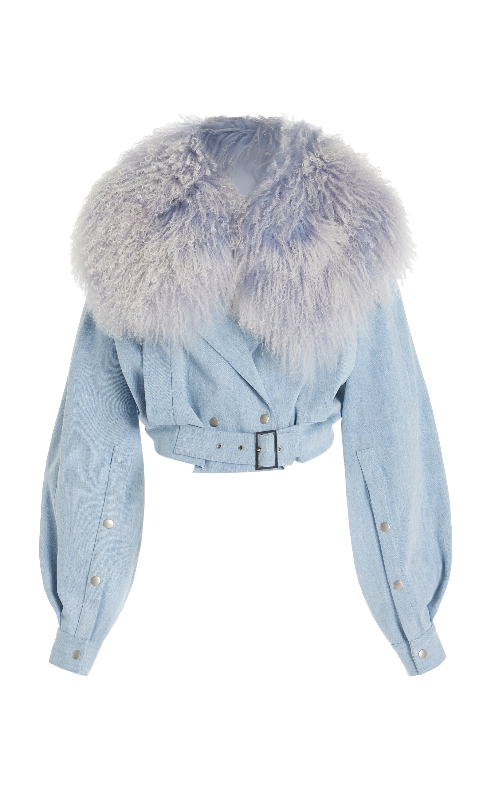 Lapointe Cropped Washed Denim And Shearling Biker Jacket In Light Blue