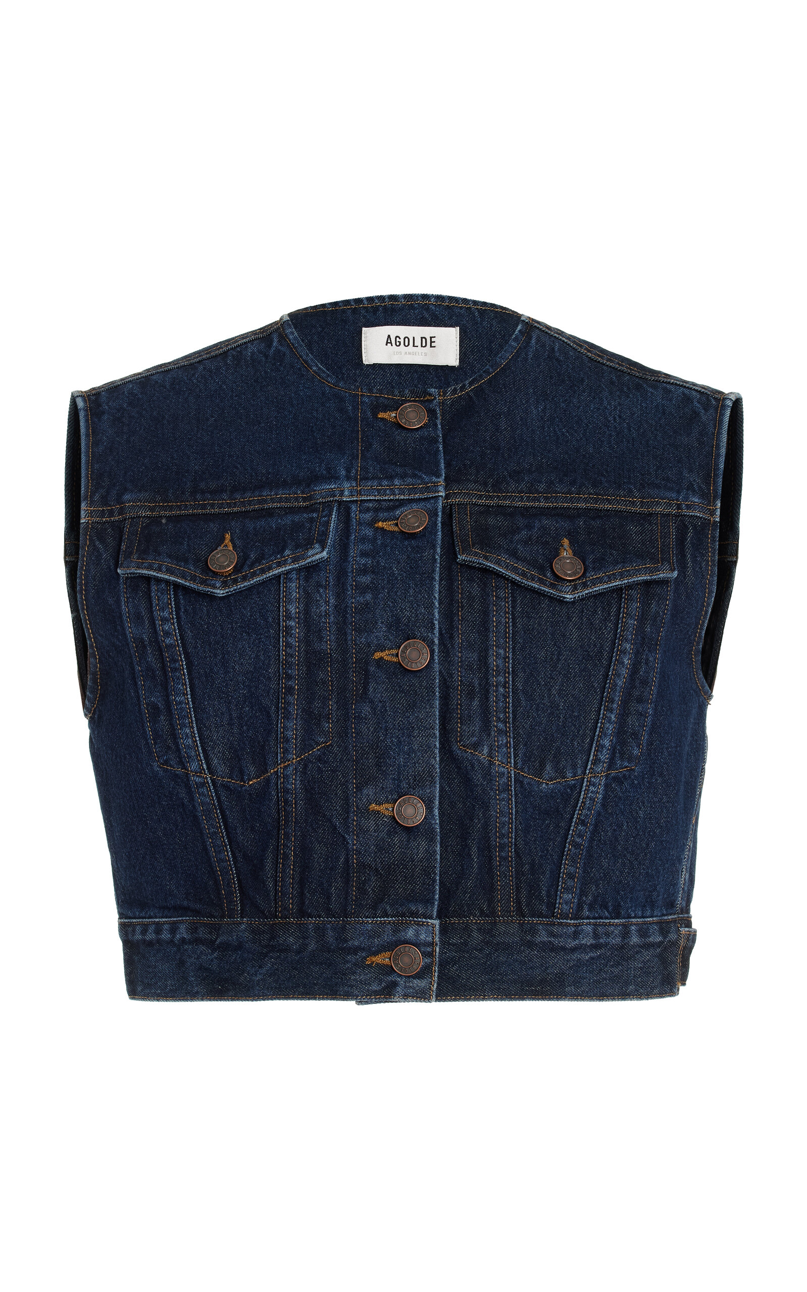 Shop Agolde Leo Cropped Denim Vest In Blue