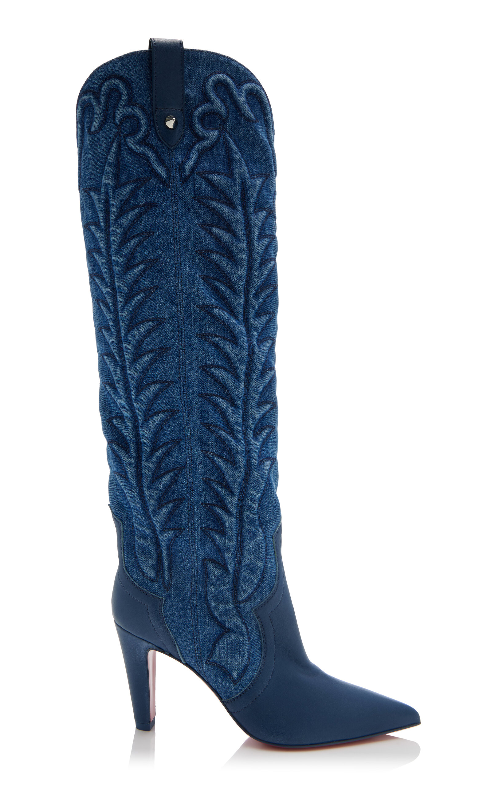 Shop Christian Louboutin Santia 85mm Embroidered Denim Knee Boots In Blue